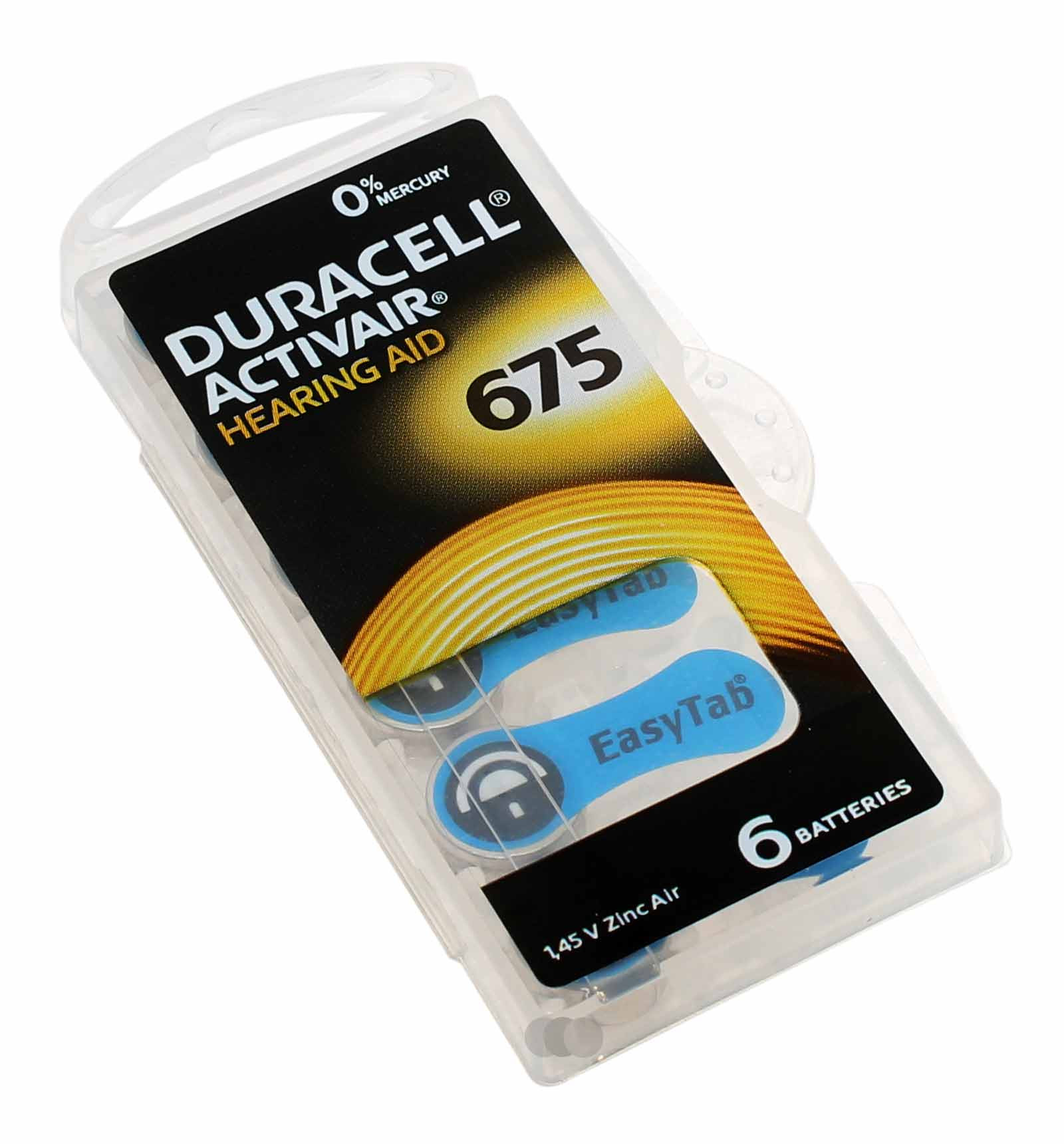 6x Duracell 675 PR44 Hörgerätebatterie Hearing Aid EasyTab Zink/Luft, 1,45V, 630mAh