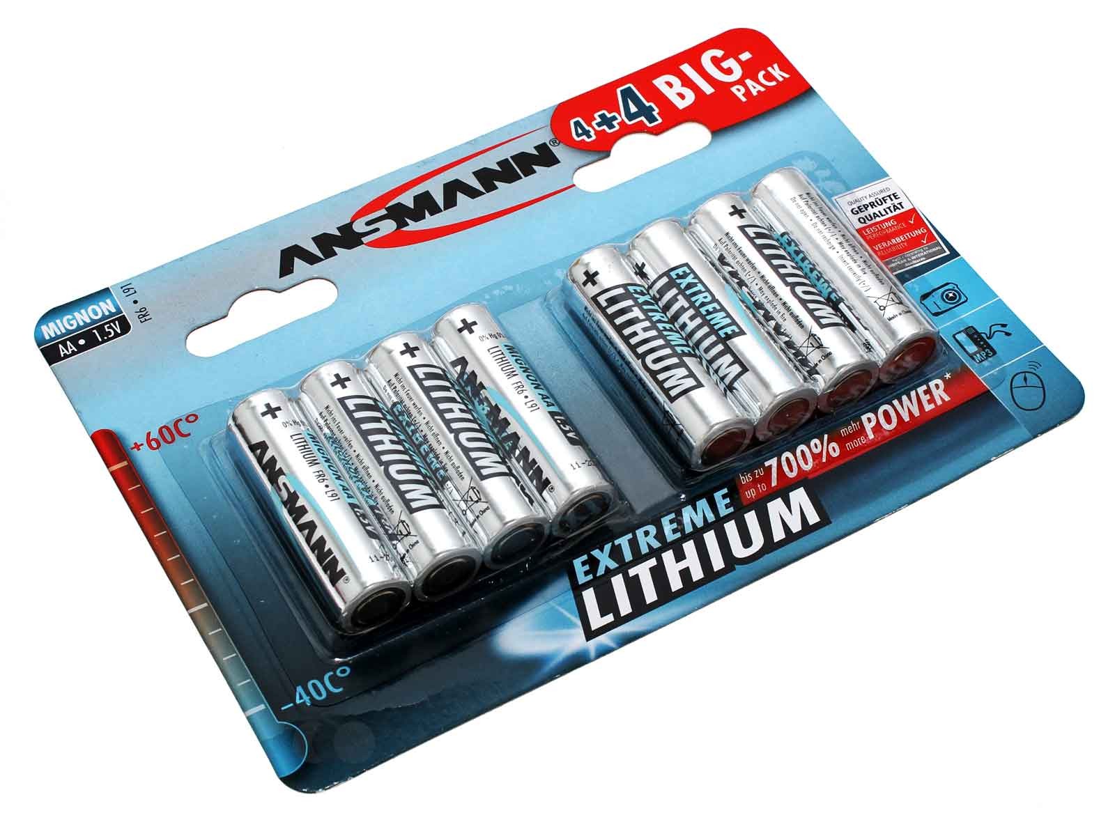 8er Pack Ansmann Extreme Lithium Batterie Mignon AA, LR6, FR6, MX1500, UM3, EN91, 1,5V