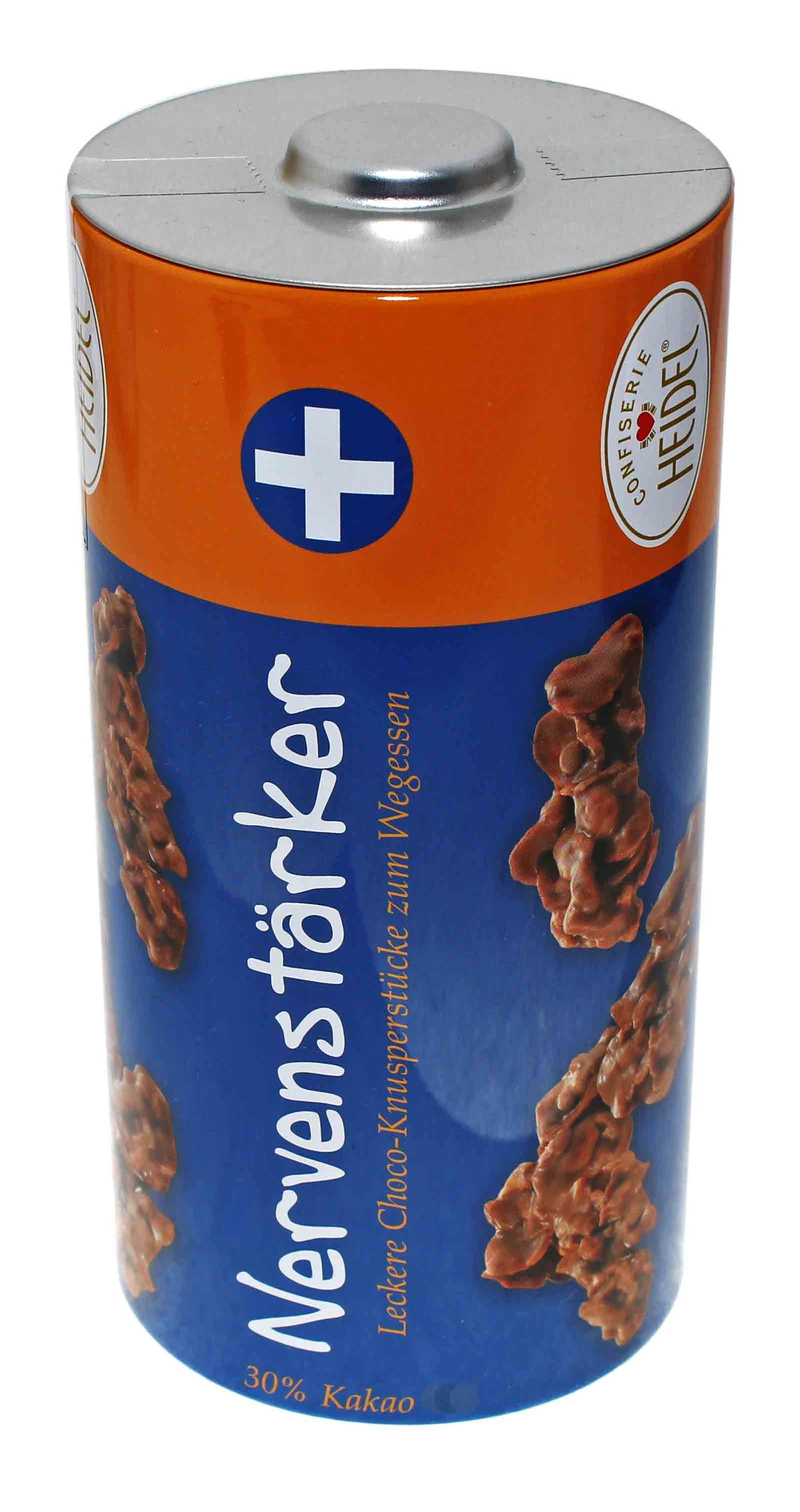 90g Heidel Nervenstärker Knusperpralinen mit Vollmilchschokolade, Schokoreis und Cornflakes, Metalldose in Batterie-Form