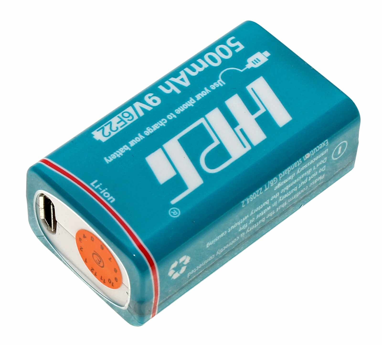 9V Block Lithium Akku 6F22 mit Micro-USB Ladebuchse, 6LR61, 6AM6, AM-6, 7,4V 500mAh