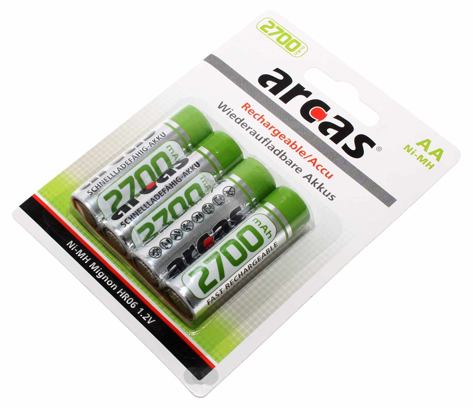 Arcas HR06 Ni-MH Akku AA, Mignon mit 2700mAh und 1,2V im 4er Pack 