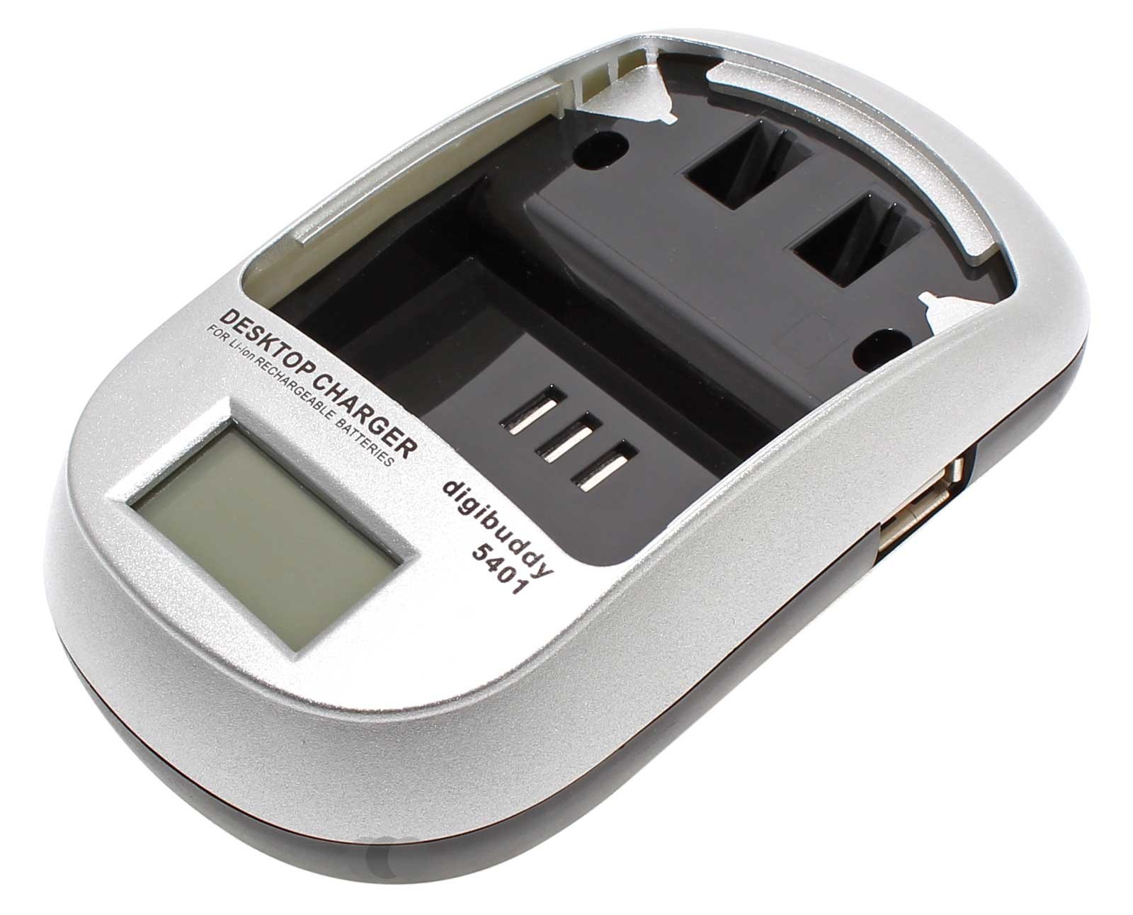 Akku Ladegerät digibuddy 5401 mit LCD Anzeige für geladene Kapazität, Ladespannung und Ladefortschritt, durch wechselbare Ladeschalen, separat erhältlich für viele Akkus geeignet