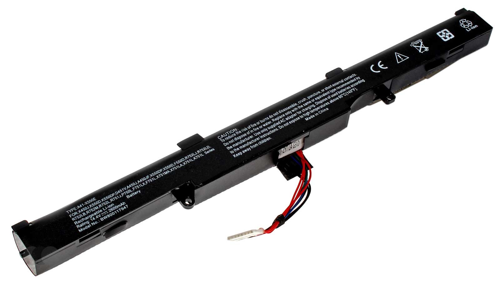 Akku für Asus A450J F550, FX53V, K751, P750L, R409J, R751 u.a., ersetzt A41-X550E mit 14,4V und 2600mAh