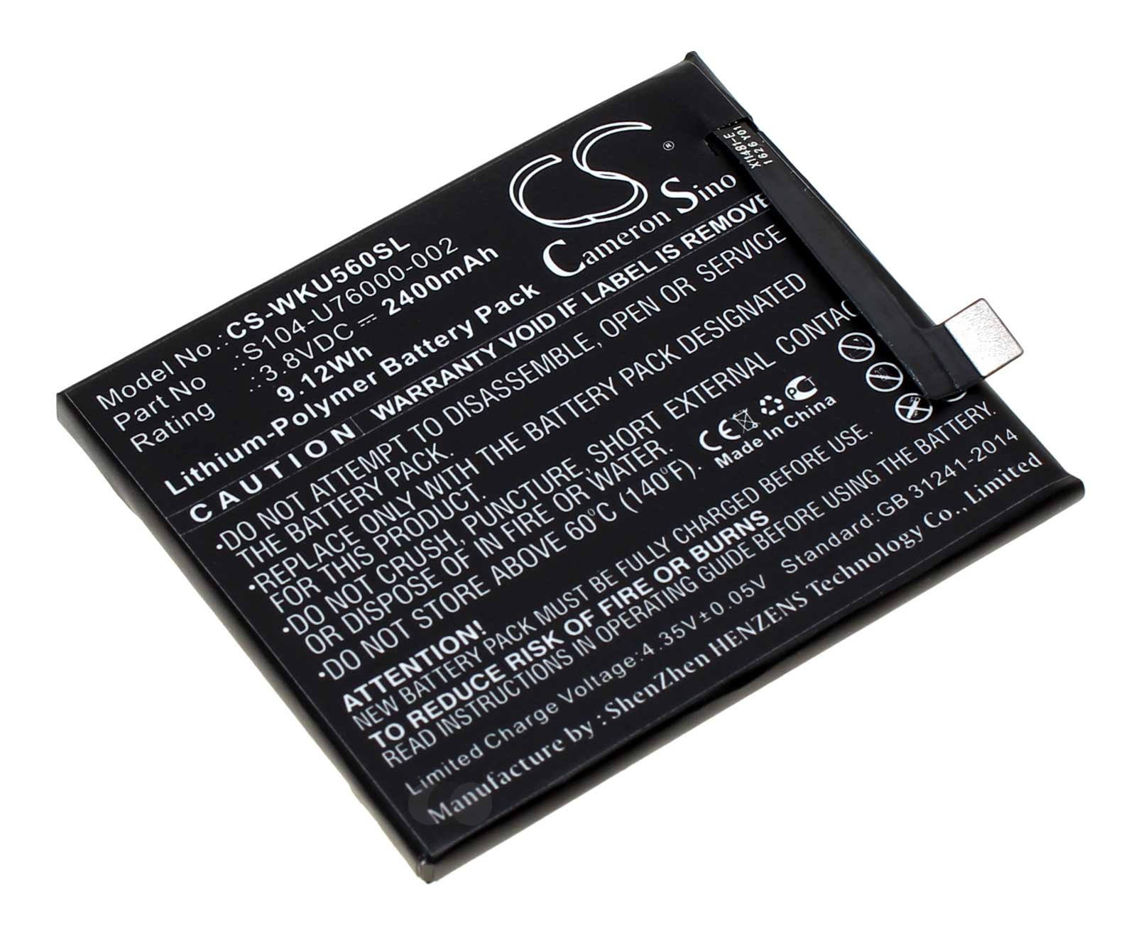 Akku für Wiko U Feel Lite 4G P4601, P5601, P6601, P6609, ersetzt S104-U76000-000, S104-U76000-002, 3,8V, 2400mAh