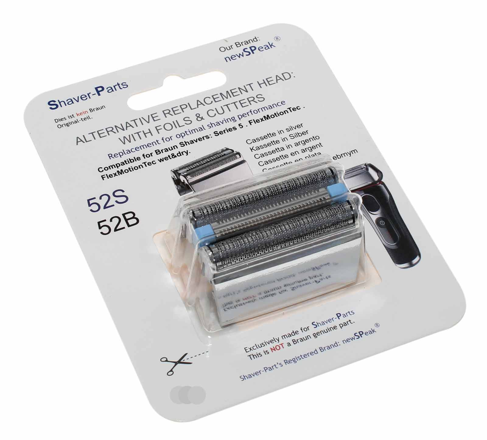 Alternative Braun 52S 52B Kassette für Series 5 Rasierer, Scherkopf, Scherfolie, Klingenblock, Kombipack, silber