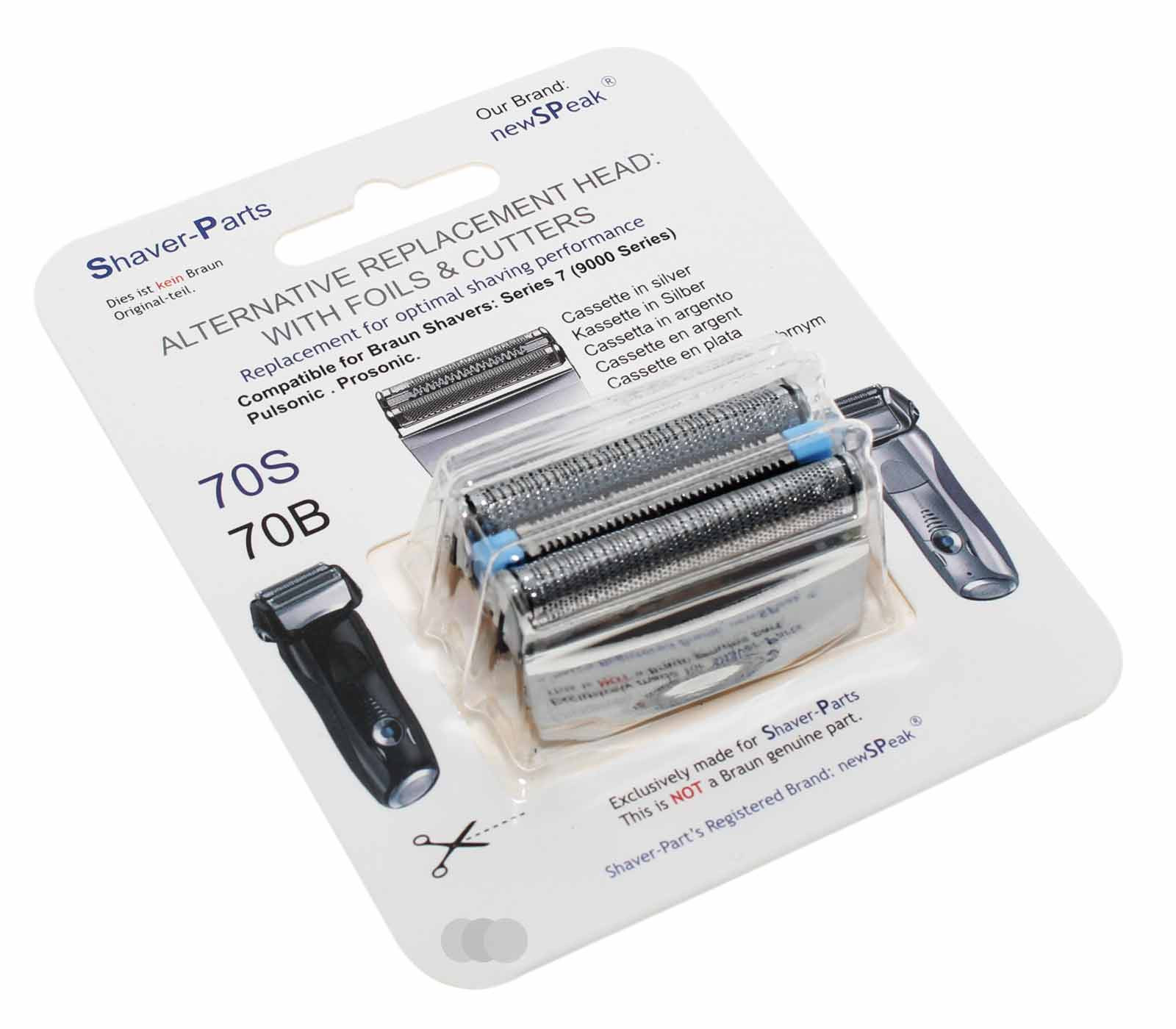 Alternative Braun 70S (70B) Kassette für Series 7 Pulsonic Prosonic, Active Power Scherkopf, Scherfolie, Klingenblock Kombipack, silber