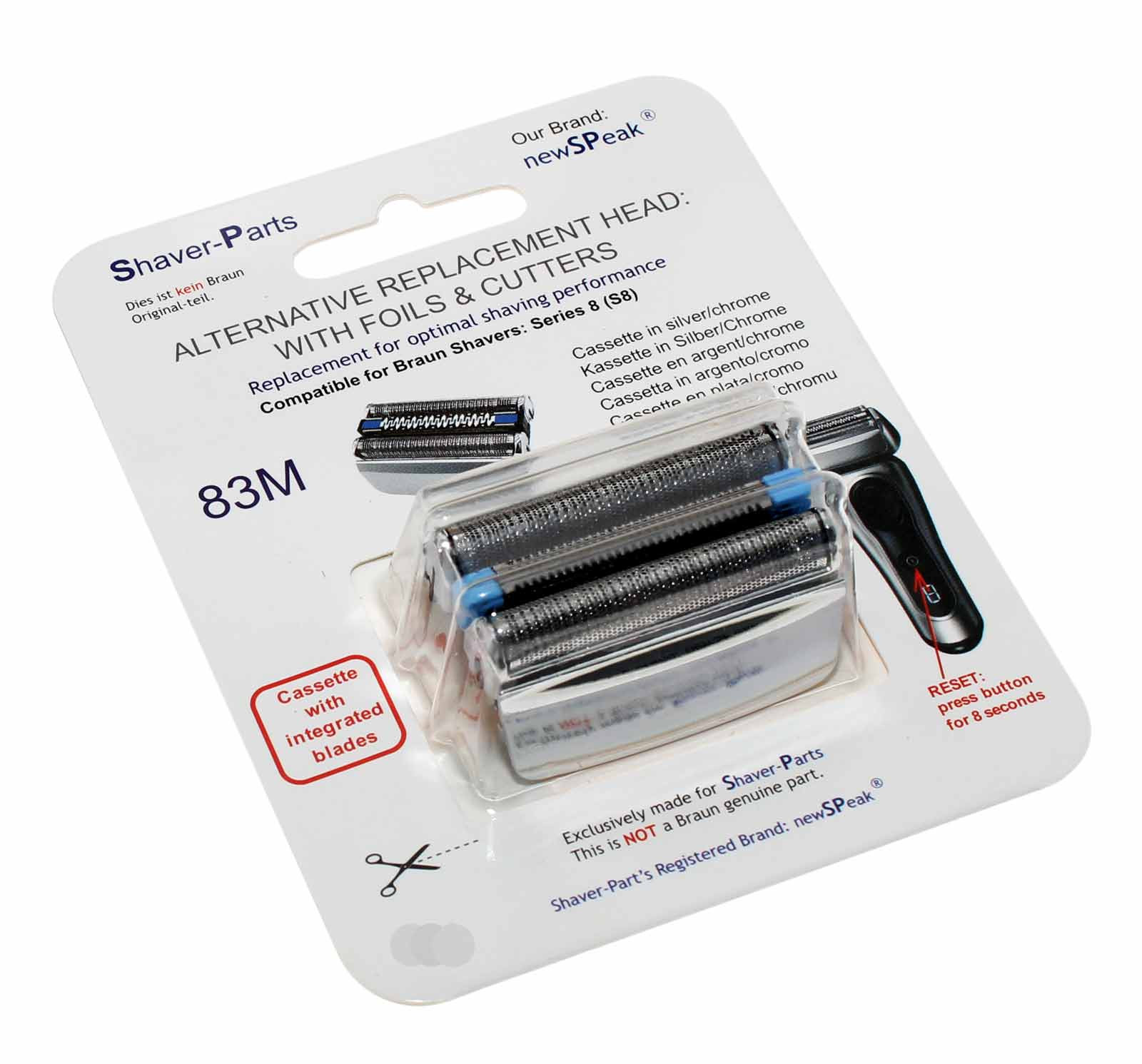 Alternative Braun 83M Kassette für Series 8 Rasierer Type 5795, Scherkopf, Scherfolie, Klingenblock, silber