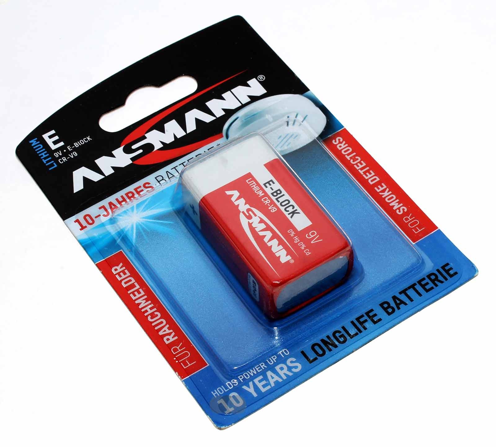 Ansmann 9V Block Lithium Batterie für Rauchmelder, 10 Jahre haltbar, E-Block, 6LR61, AM6, 9V