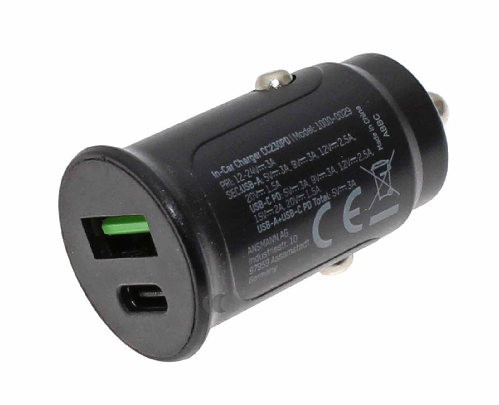 Ansmann KFZ Ladeadapter Autoladegerät 1x USB-C mit USB Power Delivery USB-PD, 1x USB-A, 30W