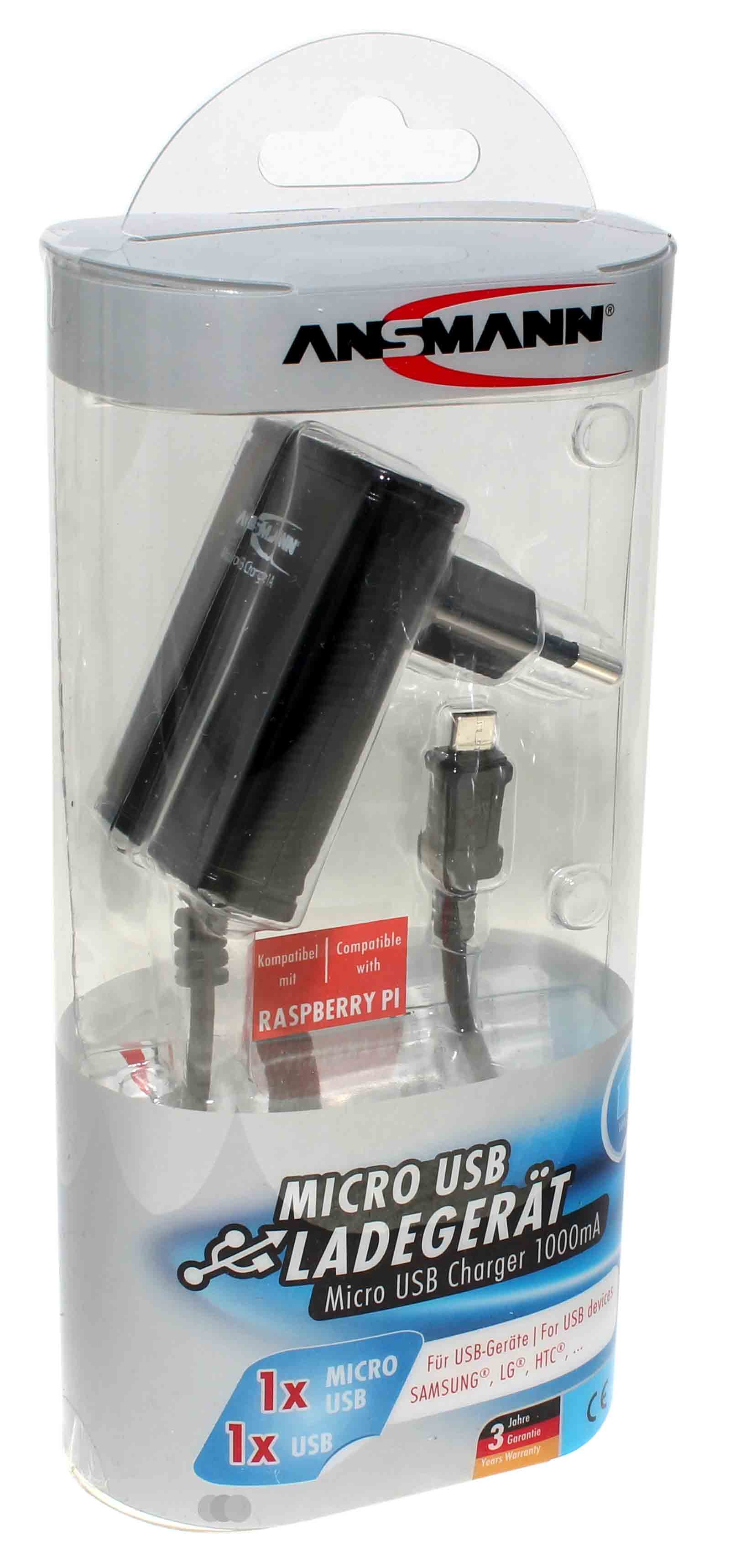 ANSMANN Micro-USB Ladegerät, Netzteil für Geräte mit Micro-USB Anschluss, z.B. geeignet für Raspberry Pi Minicomputer, Teilenummer 1000-0005