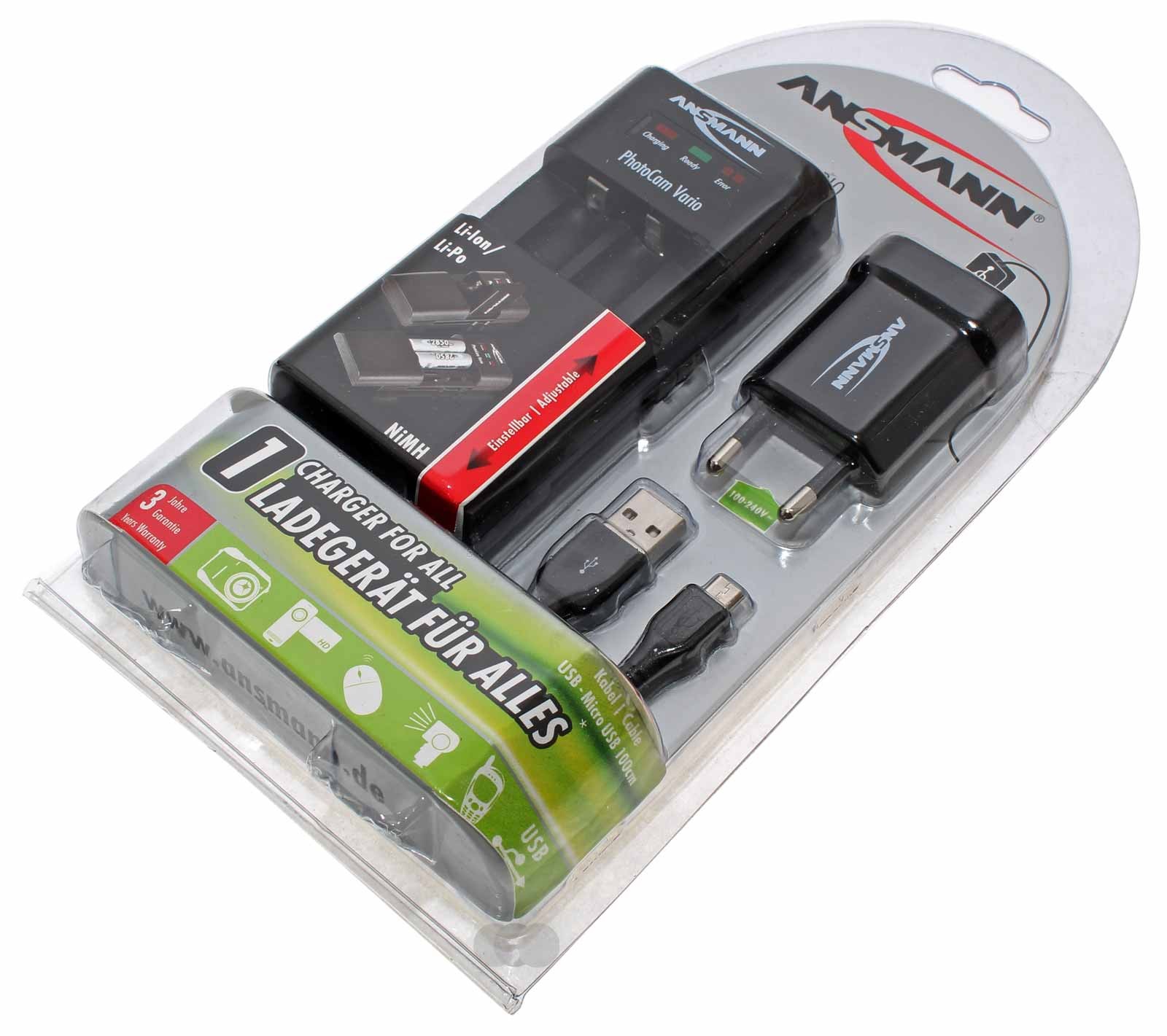 Ansmann PhotoCam Vario Universal- Ladegerät für 3,6V / 3,7V oder 7,2 / 7,4V Li-Ion, Li-Po Akkupacks oder 2x 1,2V NiMH Mignon AA oder Micro AAA Rundzellen Akkus.