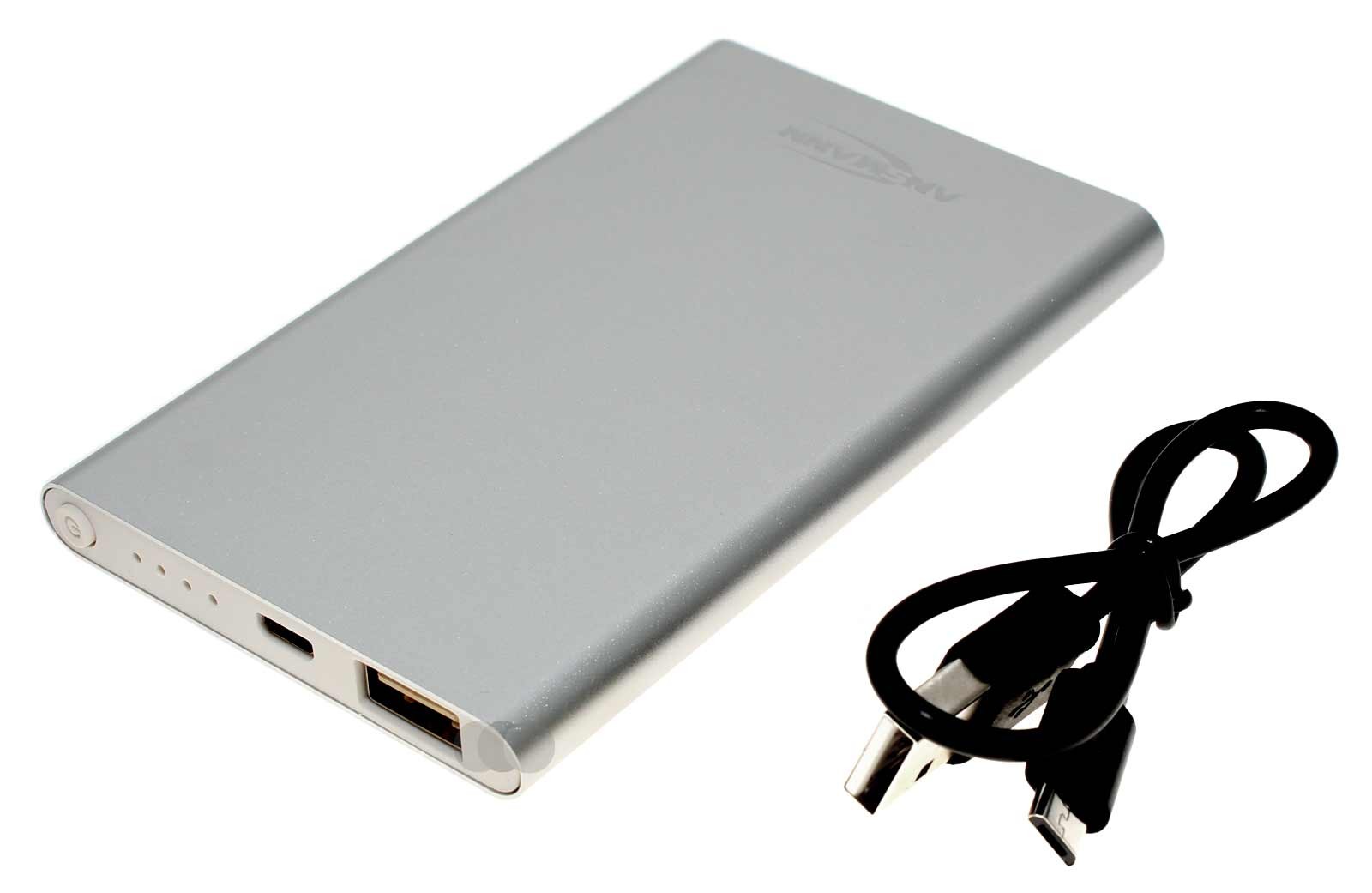 Ansmann Powerbank 1700-0110 Externer Akku 4.000mAh Aluminium Gehäuse silber mit LED Anzeige, 1x USB-Port