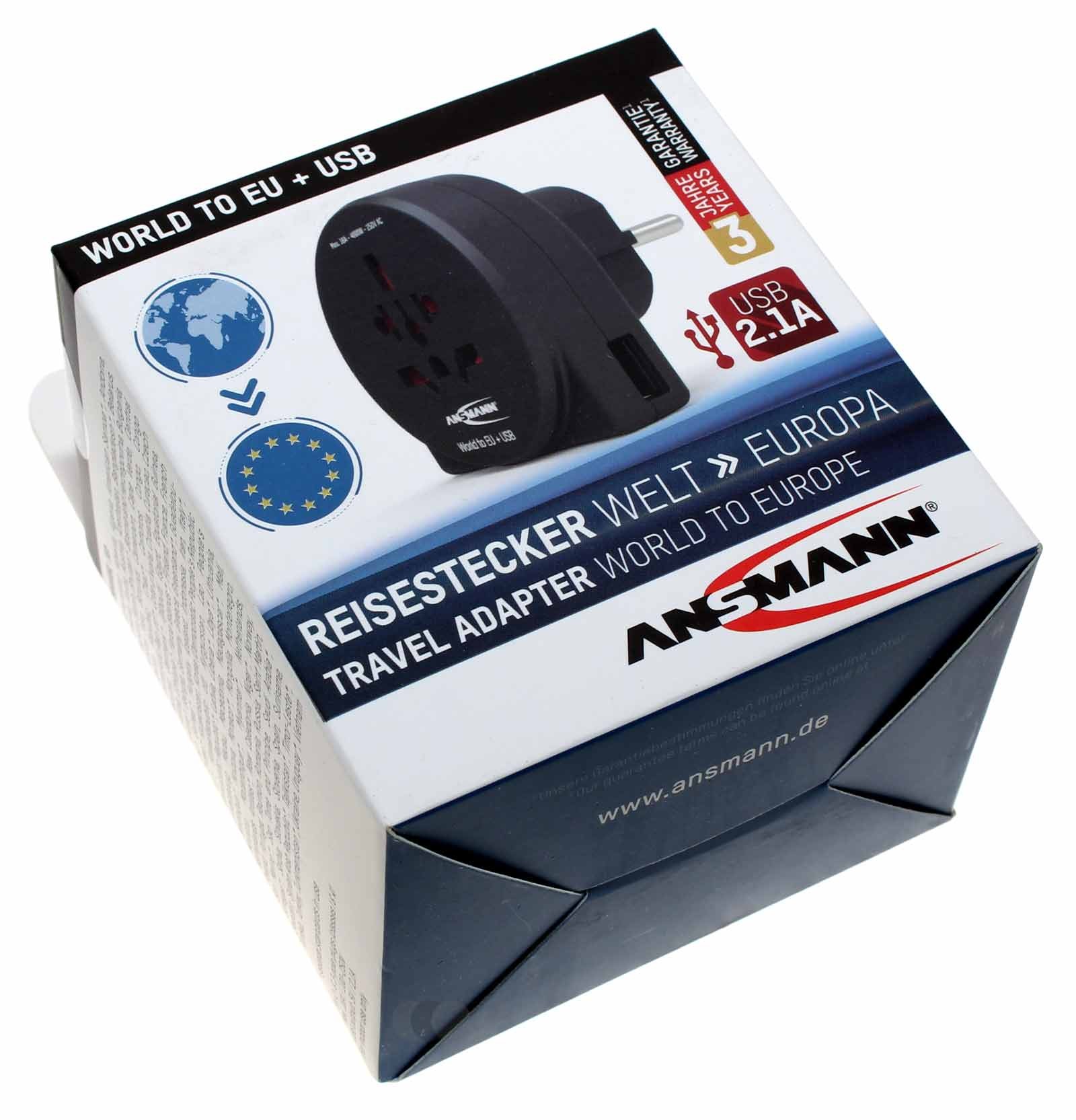 ANSMANN universal Reiseadapter Reisestecker World to EU + USB, mit Schutzleiter und USB Ladeanschluss