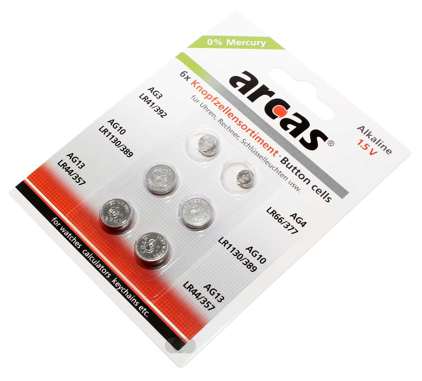 6x Arcas Knopfzellen Batterie Alkaline 1,5V  AG3, AG4, AG10, AG13, LR41/392, LR66/377, LR1130/389, LR44/357