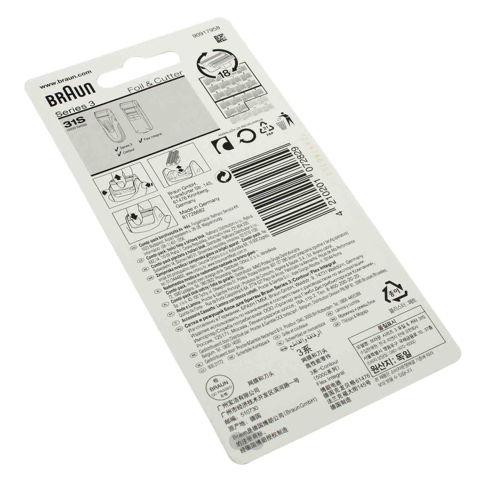 Original Braun 31S Kombipack mit Scherblatt (Scherkopf) + Messerblock (Klingenblock) in Fabe silber für Braun Series 3 (5000 Series) Contour, Flex Integral Rasierapparate, Ersatzteil Teilenummer 90917958