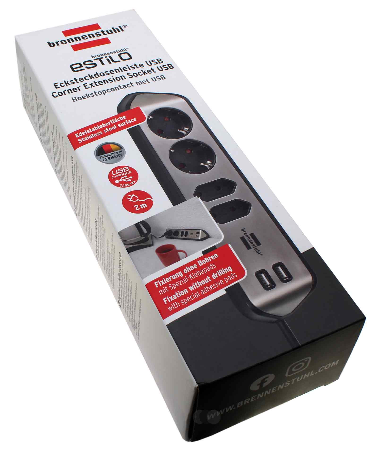 brennenstuhl estilo hochwertige Eck-Steckdosenleiste 4-fach + 2x USB, Küche, Büro, 1153590410