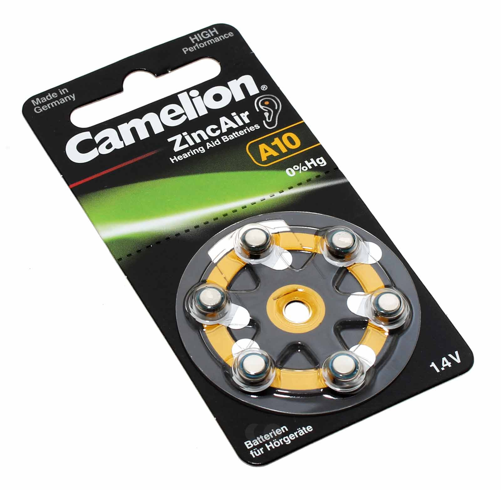 6er Pack Camelion Knopfzelle, Batterie A10, PR70, A10-BP6, für Hörgeräte 1,4V, 90mAh, 10A, HA10, V10AT, DA10, P10. A10, PR230H, AC230E, AC10EZ, PR70, DA230,  DA10N, 10AP, 230AP