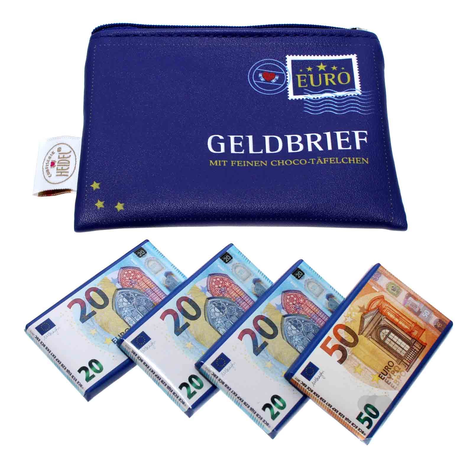 Geldbrief von Confiserie Heidel mit 4 Edel-Vollmilch Schokoladen-Täfelchen à 7,5g, also insgesamt 30g