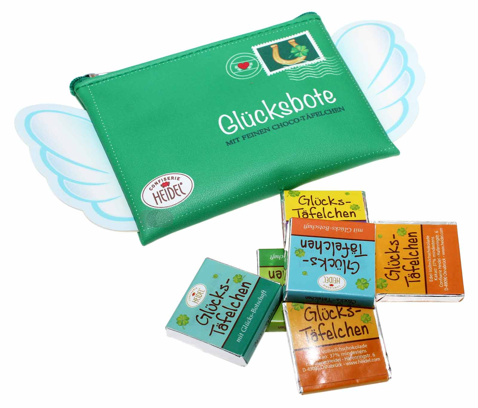 Confiserie Heidel Glücksbote mit 6 Stück 5g Edel-Vollmilch Schokoladen-Täfelchen, 30g
