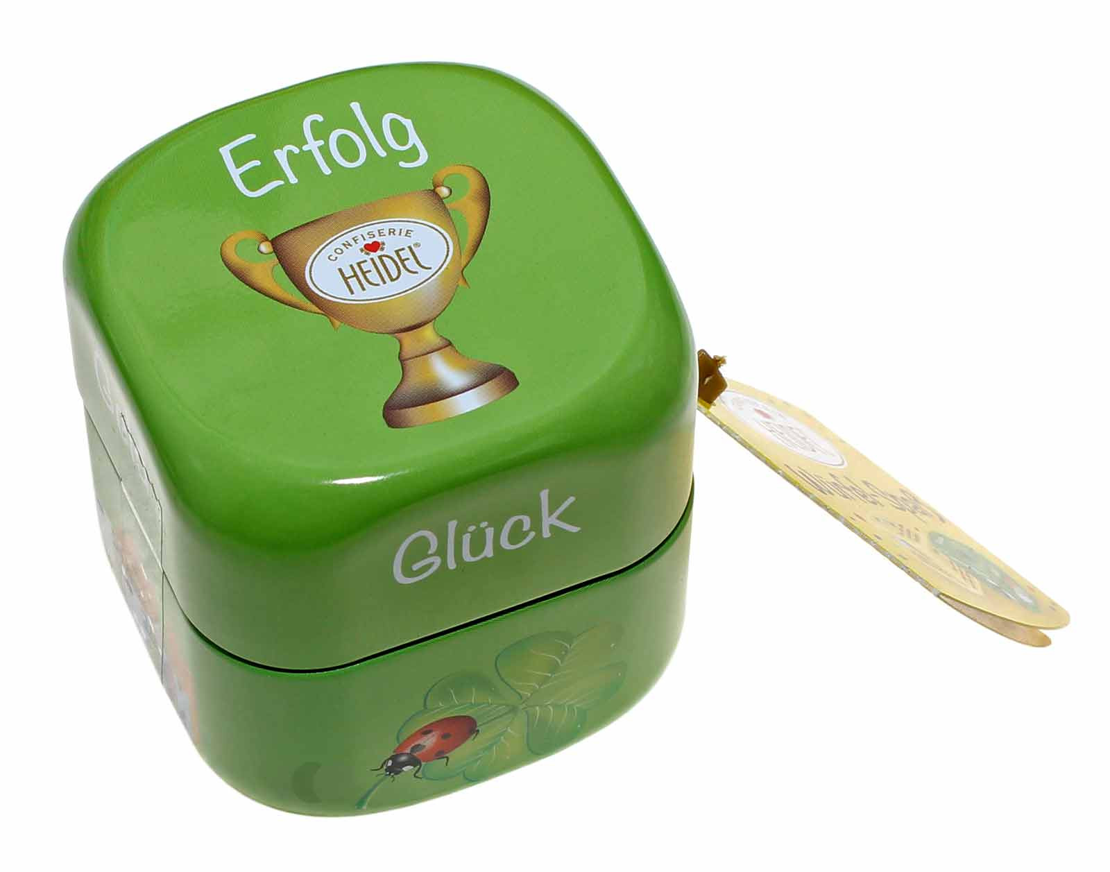 Confiserie Heidel Würfel-Spaß Metalldose grün mit 3 Pralinen, 32g