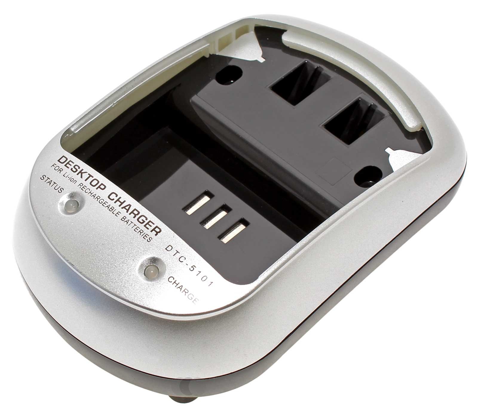 Akku Ladegerät DTC-5101 für Lithium-Ionen Akkus mit Betriebs-LED (Status) und Lade-LED (Charge). Durch wechselbare Ladeschalen,separat erhältlich, für viele Akkus geeignet