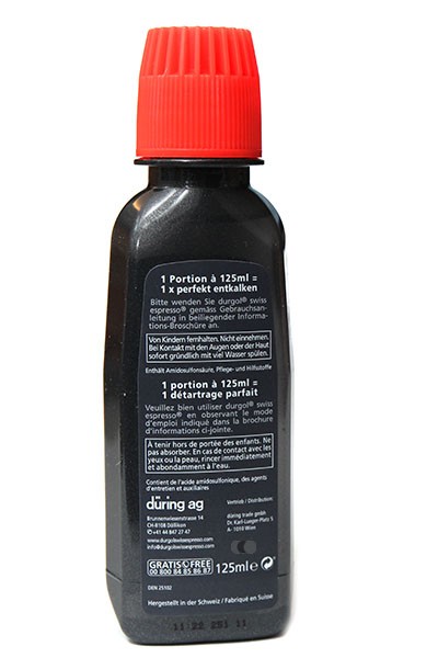 Durgol Swiss Espresso Spezial-Entkalker 125ml Flasche Rückseite