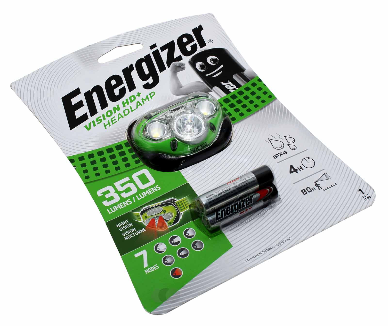 Energizer Vision HD+ Stirnlampe Kopflampe, IPX4, 7 Modi, 350 Lumen, 80m, inkl. 3x AAA