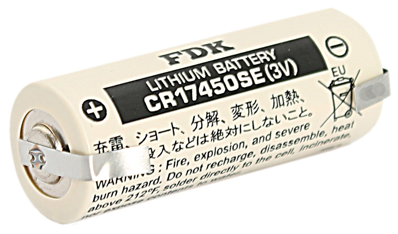 FDK (Sanyo) CR17450SE (CR17450SE-LFU)  A Lithium-Mangandioxid Batterie, Flat Top, Industriezelle, U-Lötfahne mit 3 Volt und 2500 mAh Kapazität