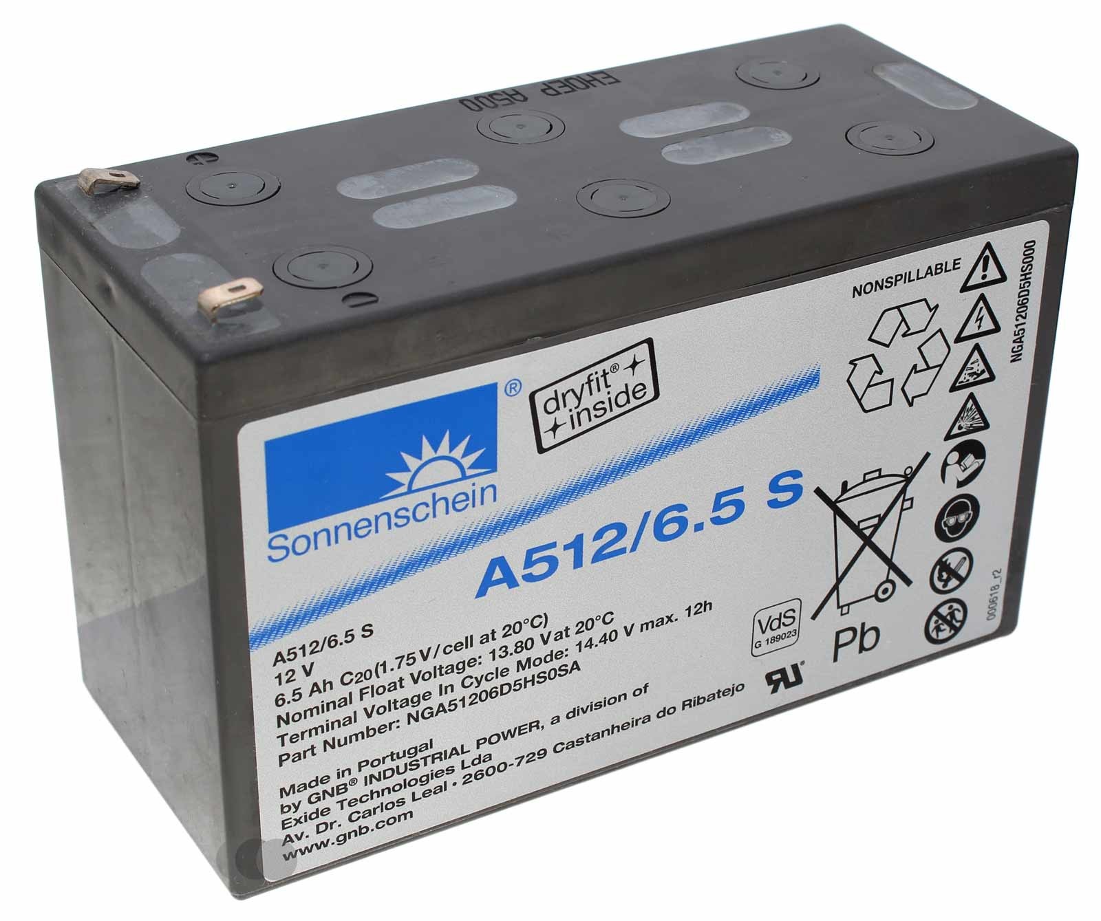 GNB Exide Sonnenschein A512/6.5 S dryfit Blei Akku NGA51206D5HS0SA, VDS, Faston 4,8mm Flachstecker, 12V, 6,5Ah