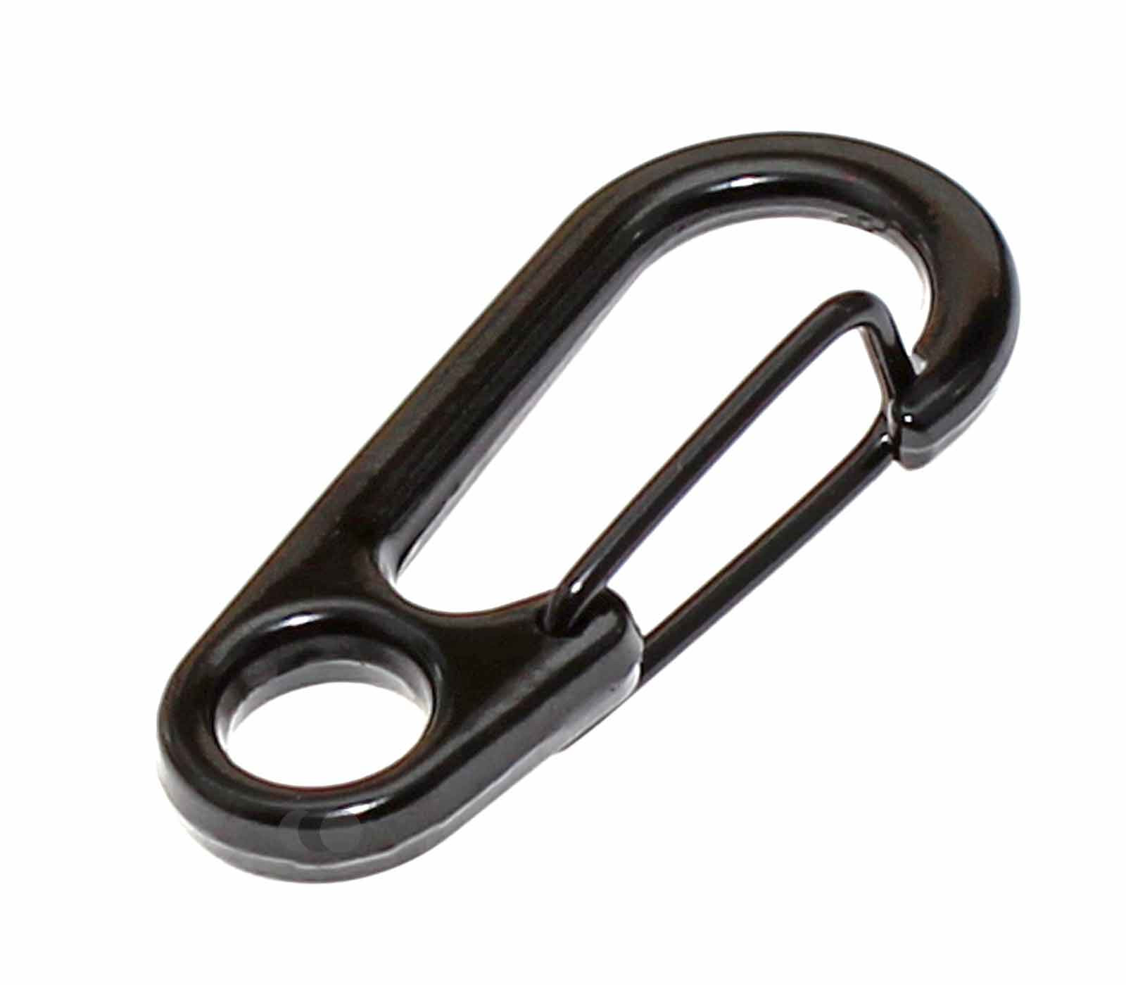 Karabinerhaken aus Metall mit federndem Schnappverschluss in Farbe schwarz, L 31mm, B 14,5mm, H 2mm