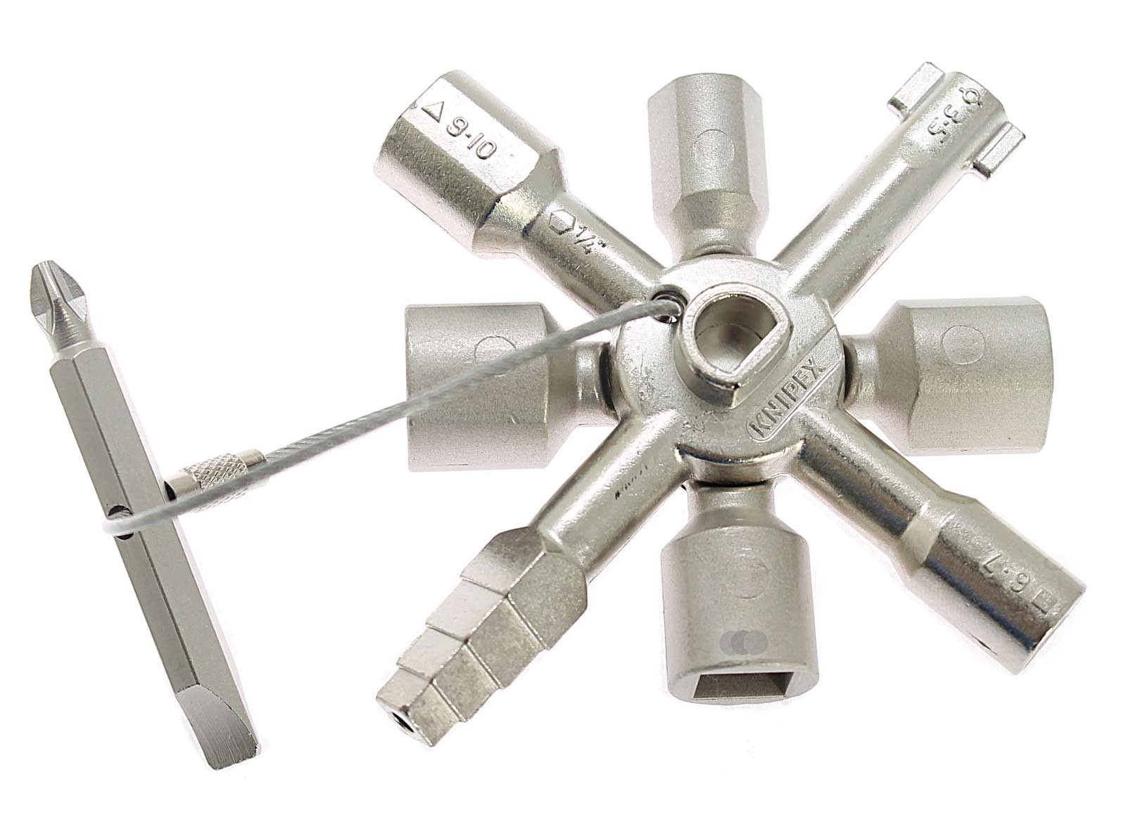 KNIPEX TwinKey® Universalschlüssel für gängige Schränke und Absperrsysteme, bzw. Schließsysteme. 10 Profile, 2 Kreuze, 1 Schlüssel, Knipex Teilenummer 00 11 01