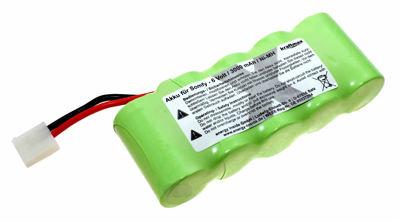 Alternativer NiMH Akku von Kraftmax für automatischen Rollladen-Gurtantrieb mit 6 Volt Spannung und 3000mAh Kapazität, Hersteller Artikelnummer 139548