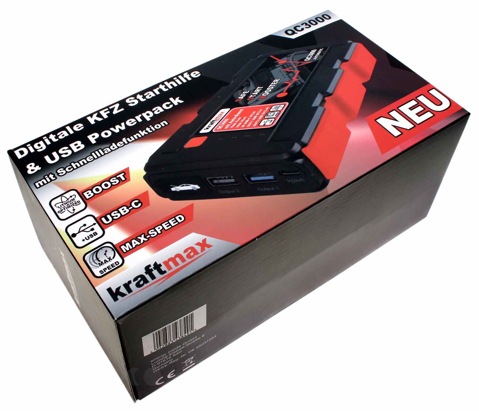 Kraftmax QC3000 Jumpstarter KFZ Starthilfe mit Auto Boost für 12V Autobatterie mit bis zu 700A