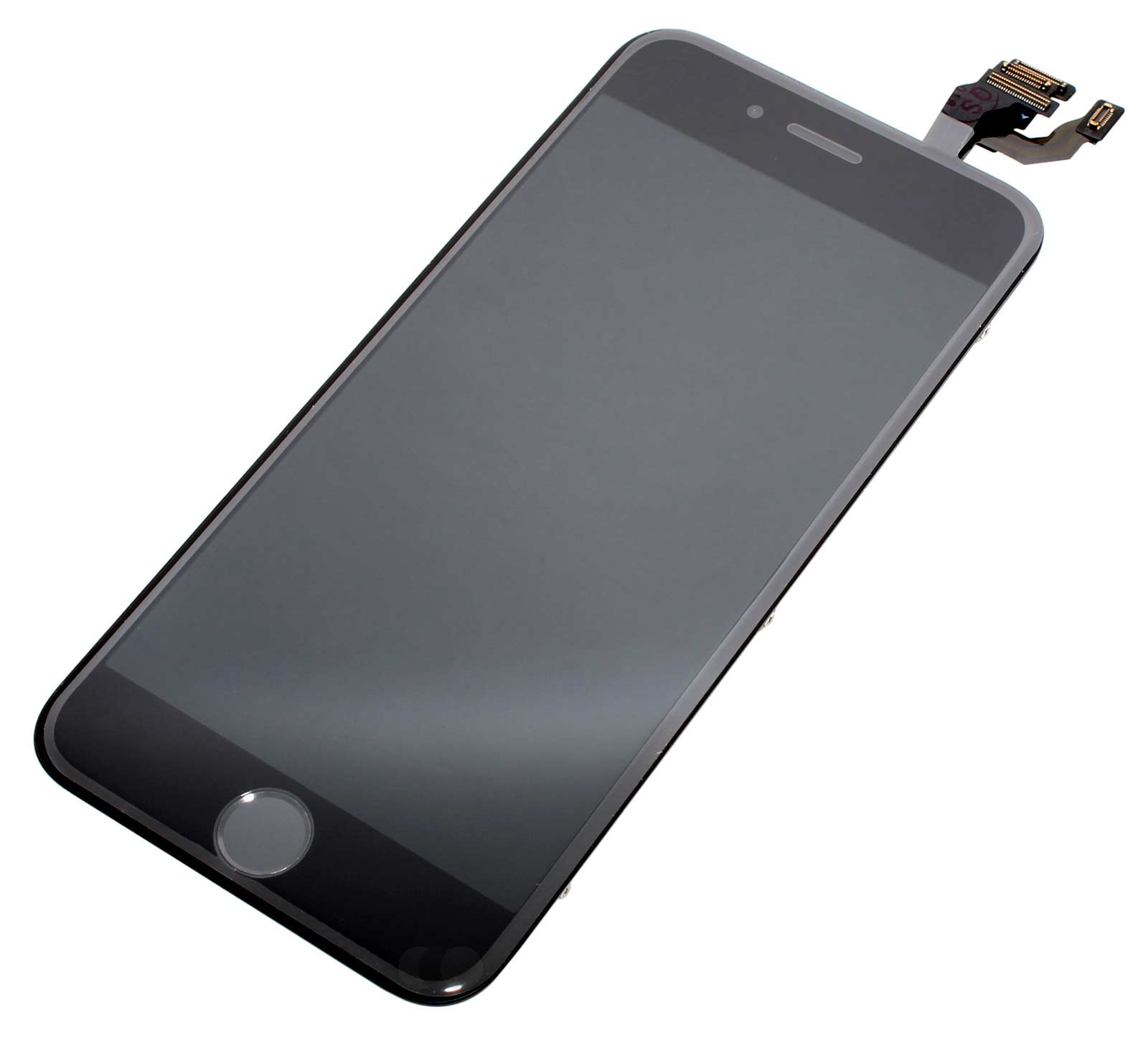 LCD Retina Display Bildschirm für iPhone 6 mit Glas Scheibe in schwarz, das Display ist vormontiert mit Front Kamera, Licht Sensor, Hörmuschel, Mikrofon und Home Button mit Flex Kabel
