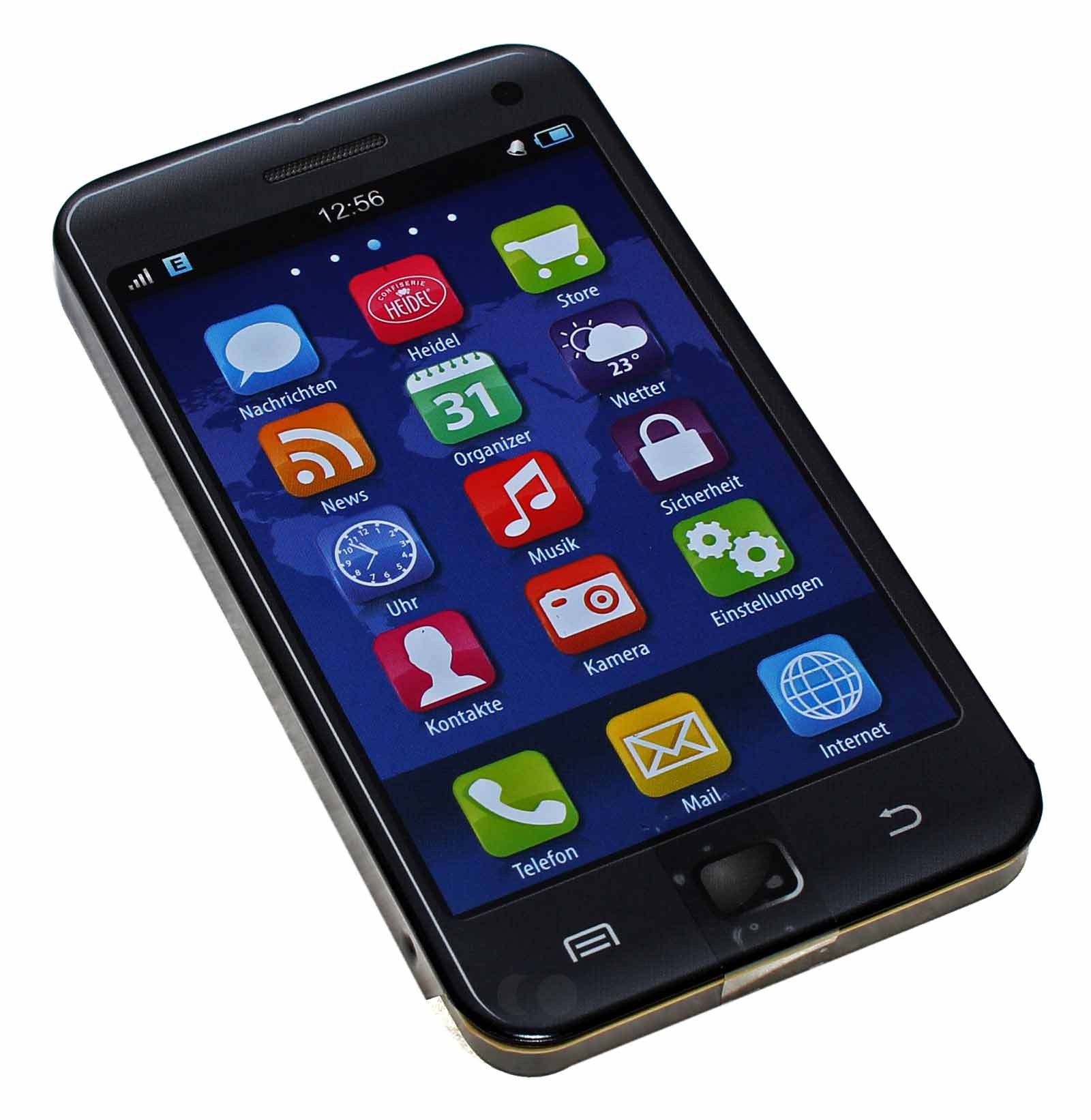 Metalldose im Smartphone Handy-Design mit 30g Edel-Schokolade gefüllt von Confiserie Heidel, witzige Geschenkidee