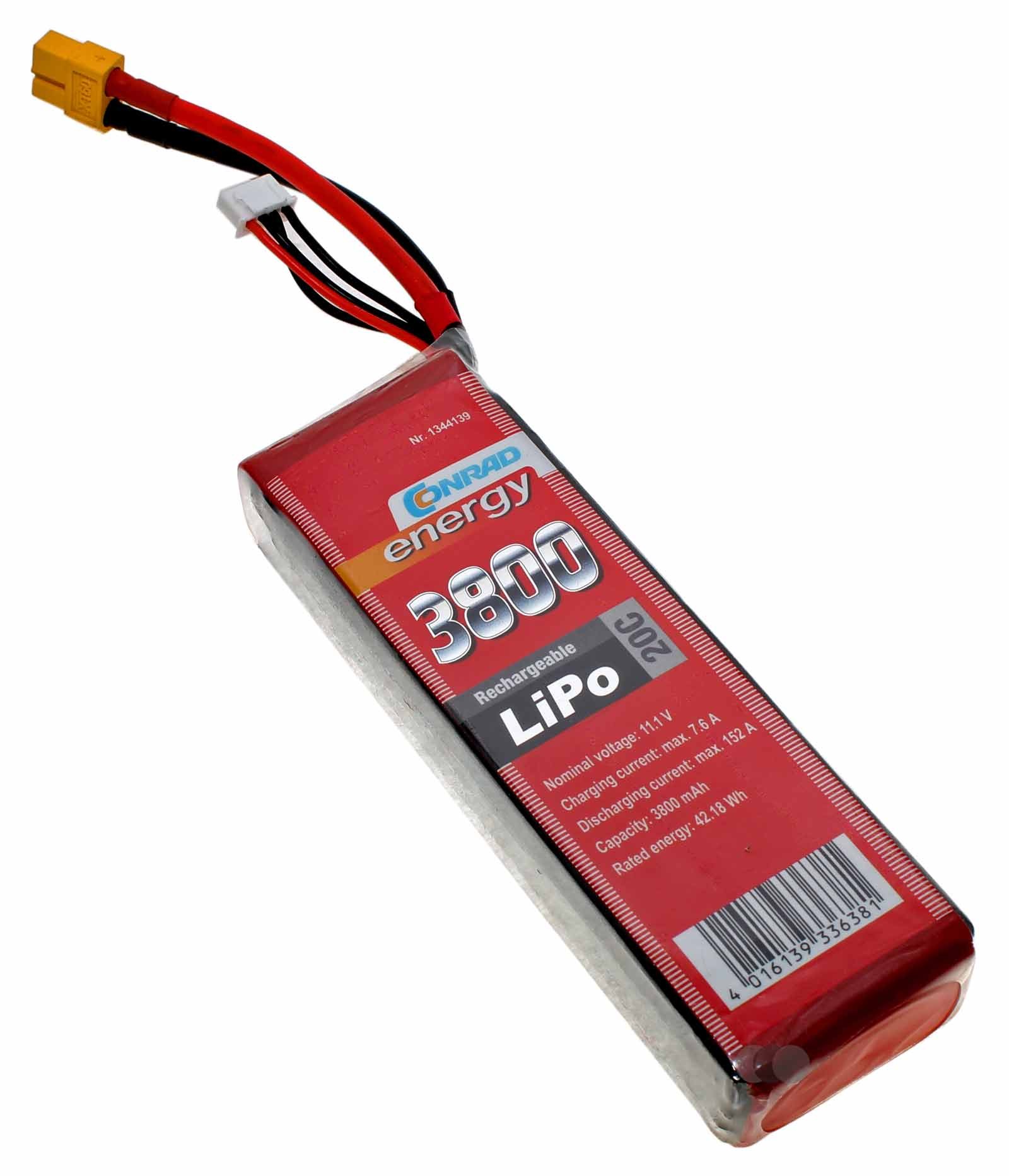 Conrad energy Modellbau-Akkupack (LiPo), 3S (3 Zellen) 20 C im Softcase und XT60 Anschlussstecker, mit 11,1 Volt und 3800mAh Kapazität, Ersatzteil Teilenummer 1344139