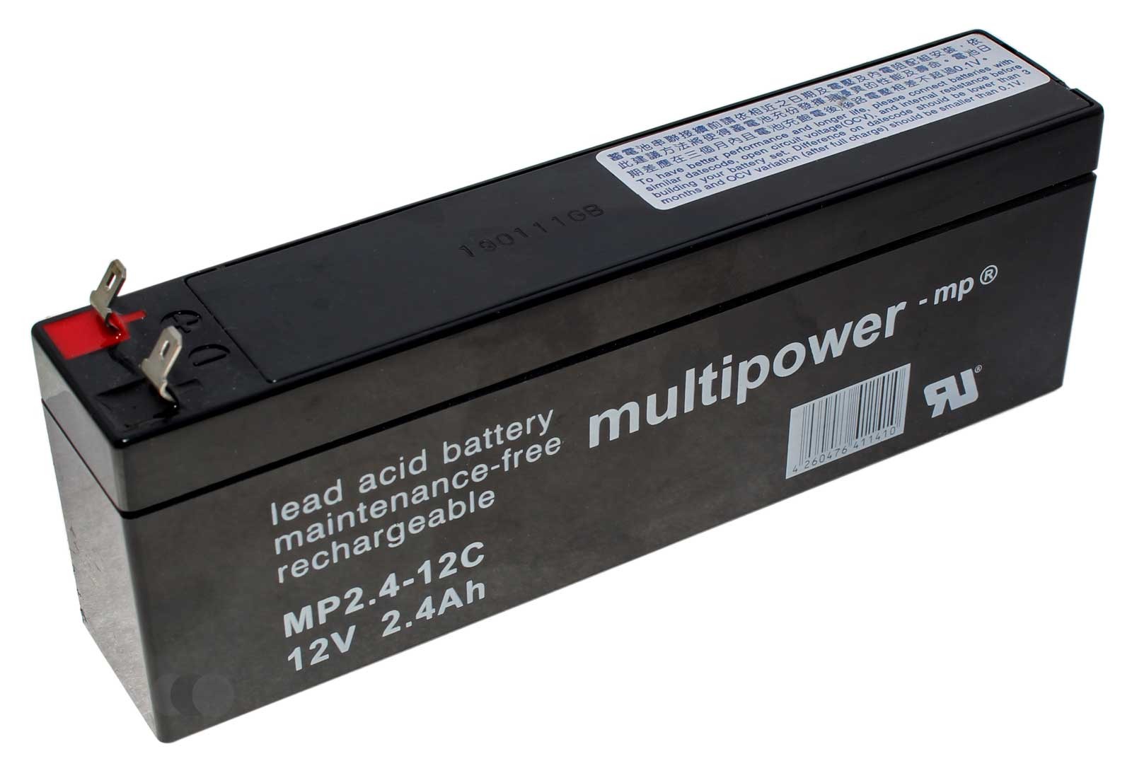 Multipower MP2.4-12C Blei Akku AGM, Zyklenfest, 4,8mm Faston Anschluss, 12 Volt, 2,4Ah