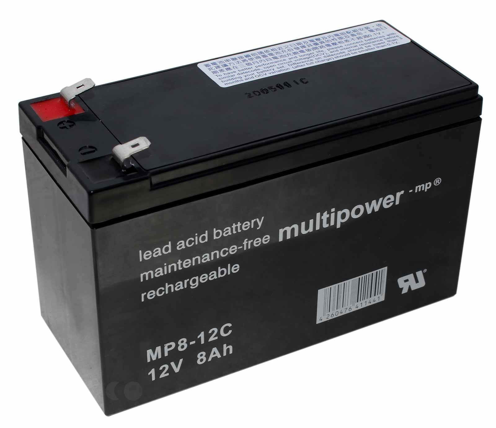 Multipower MP8-12C Blei Gel Akku AGM, zyklenfest, 6,3mm Flachstecker, 12V, 8Ah