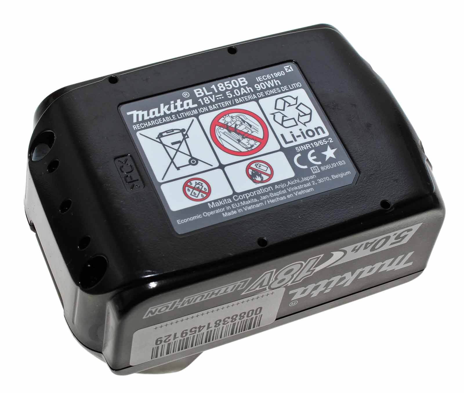 Original Makita BL1850B Lithium-Ionen Akku mit Ladestandanzeige für Makita, Krenn, Linder, Greenlee, Rehau Elektrowerkzeug, Powertools mit 18 Volt und 5000mAh Kapazität
