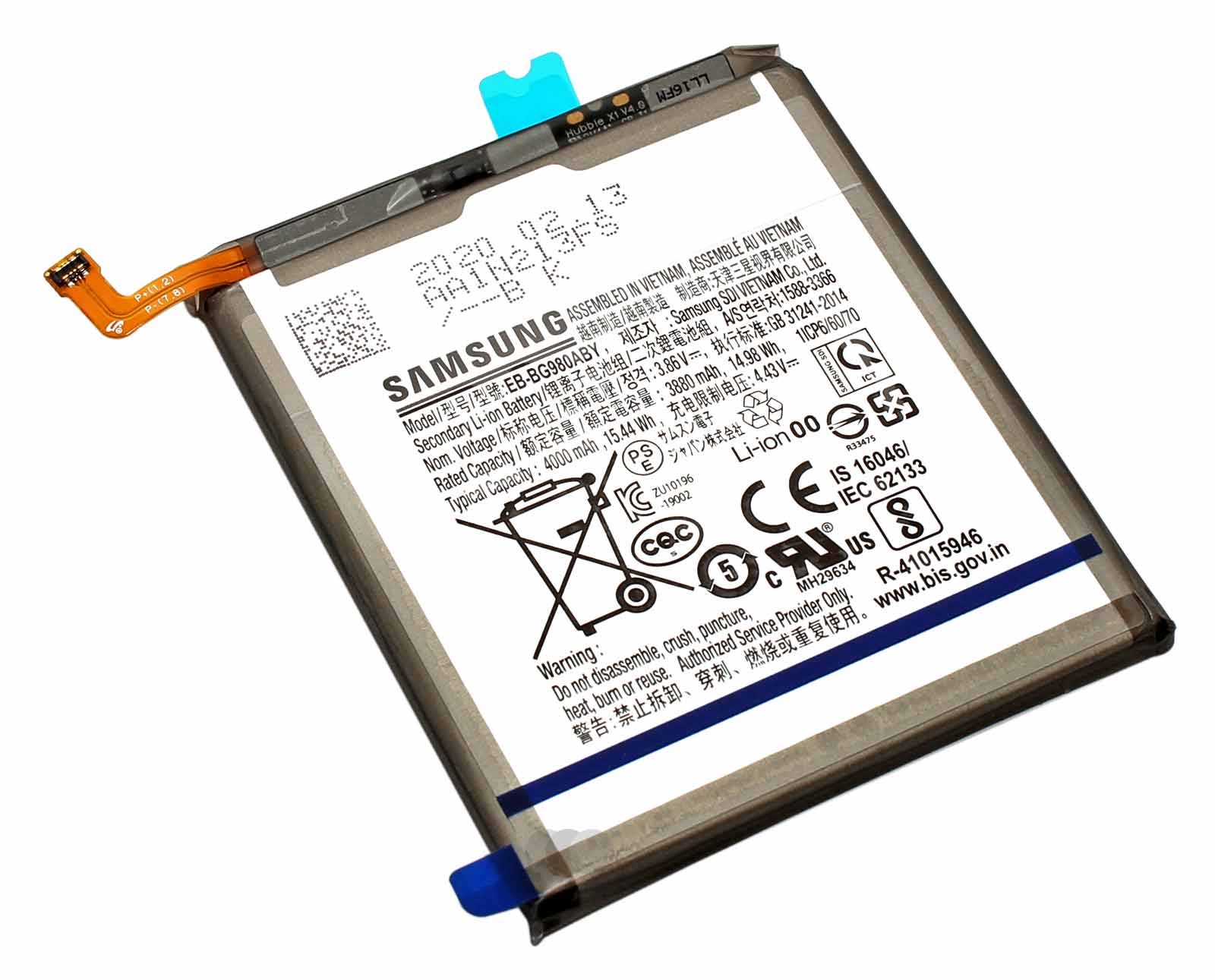 Original Samsung Akku EB-BG980ABY für Samsung Galaxy S20 SM-G980F, SM-G981 mit 3,86V und 4000mAh GH82-22122A