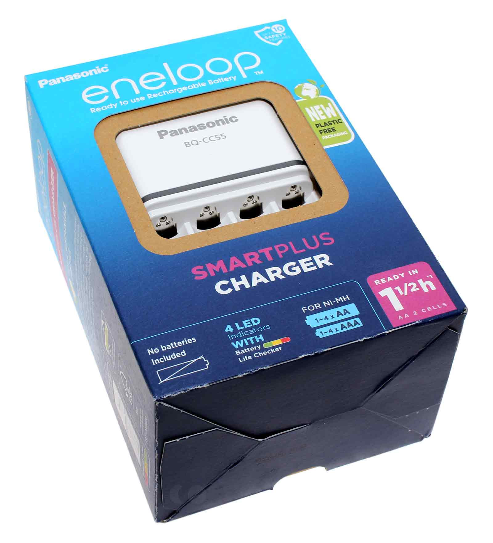 Panasonic eneloop BQ-CC55E intelligentes Akku Schnell Ladegerät für 1-4 Ni-MH AA / AAA Akkus, mit 4x eneloop pro BK-3HCDE AA Akkus