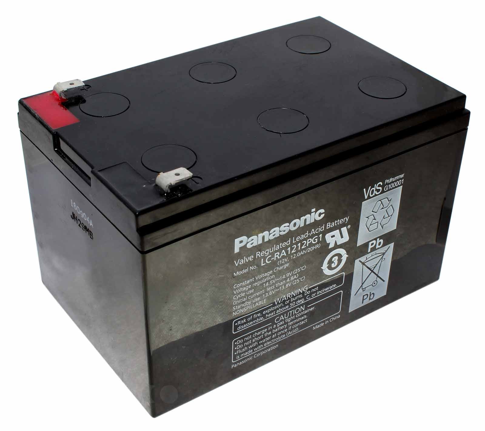 Panasonic LC-RA1212PG1 Blei Vlies Akku (AGM), mit 12 Volt und 12000mAh Kapazität, Ausführung mit Faston 6,3mm Flachstecker Anschluss und VDS-Zertifizierung