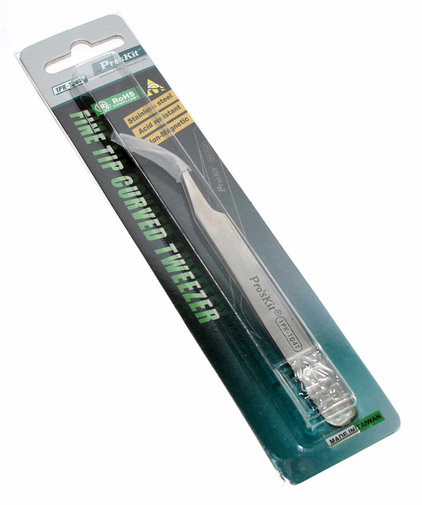 ProsKit 1PK-104T gebogene Pinzette feine Spitze, 120mm, Edelstahl, antimagnetisch, Werkzeug, Handy, Tablet Reparatur