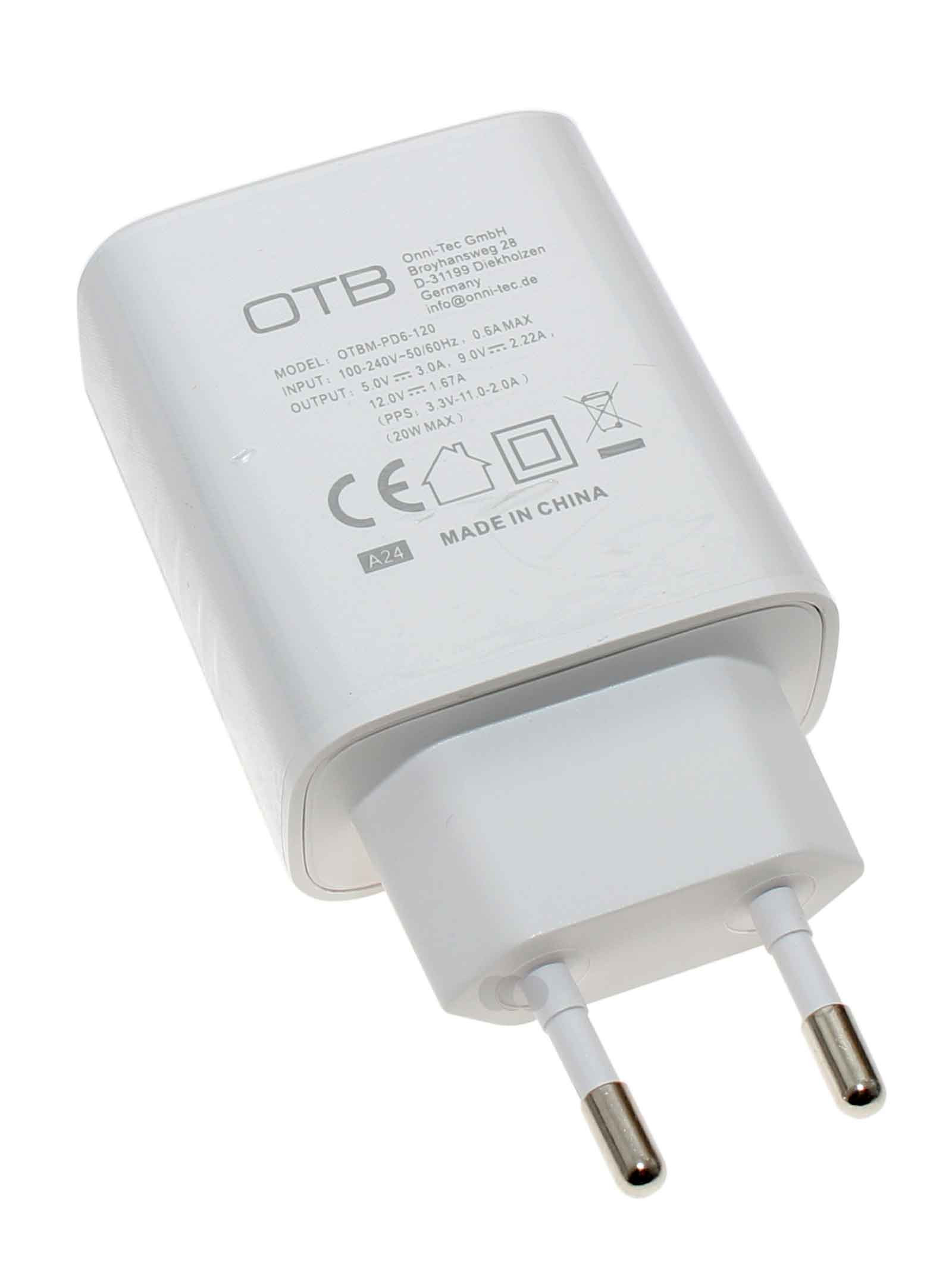 USB Ladegerät, Ladestecker, Ladeadapter 1-Port USB-C mit USB Power Delivery (USB-PD), 20W in Farbe weiß