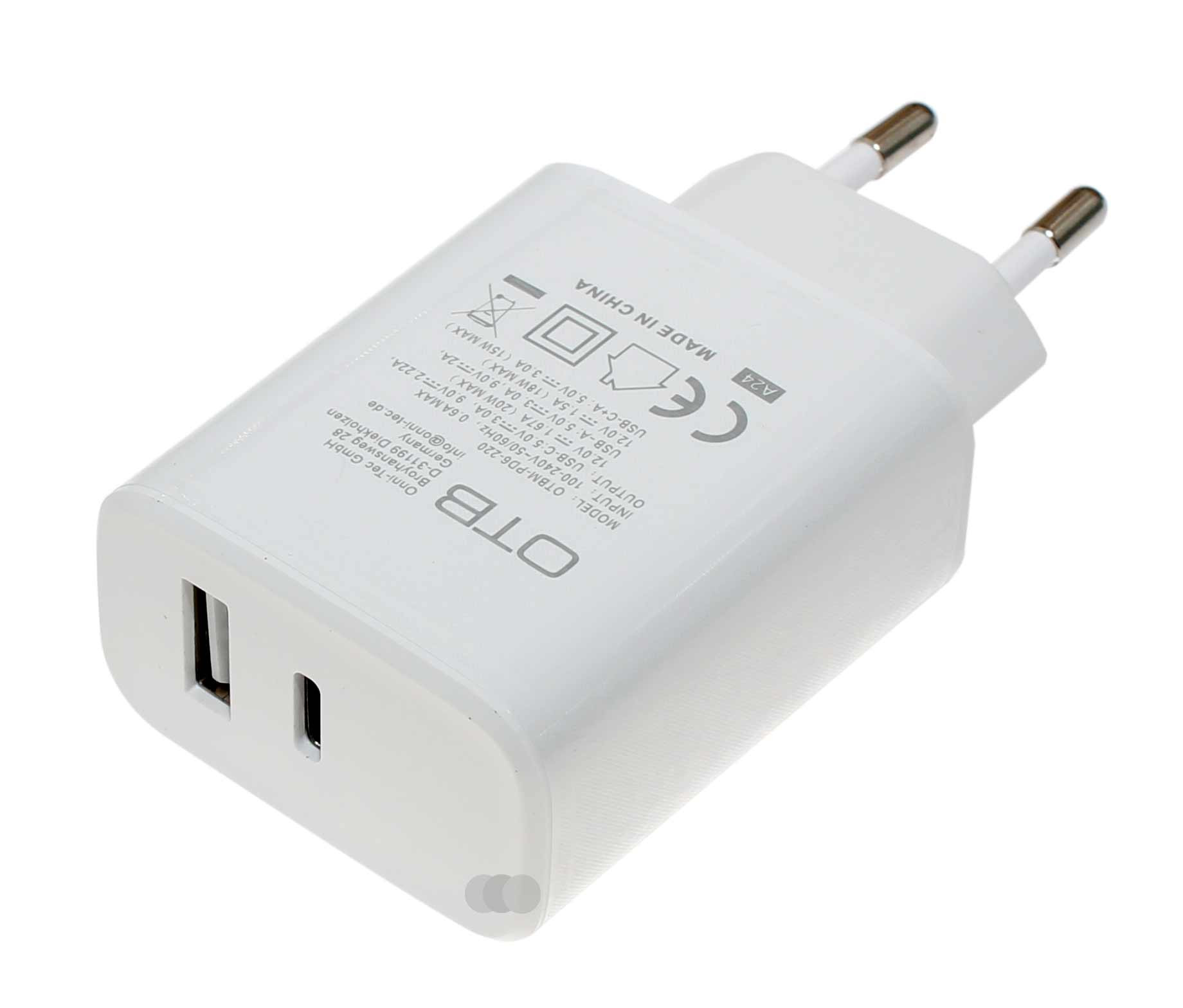 Schnellladegerät 2-Port USB-C + USB-A USB-PD, 20W weiss, Ladeadapter, Netzteil