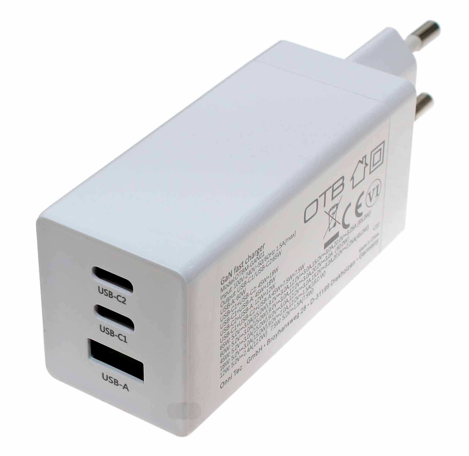 Schnellladegerät 3-Port USB (2xUSB-C + 1xUSB-A) USB-PD, 65W, GaN, weiss, Ladeadapter, Netzteil