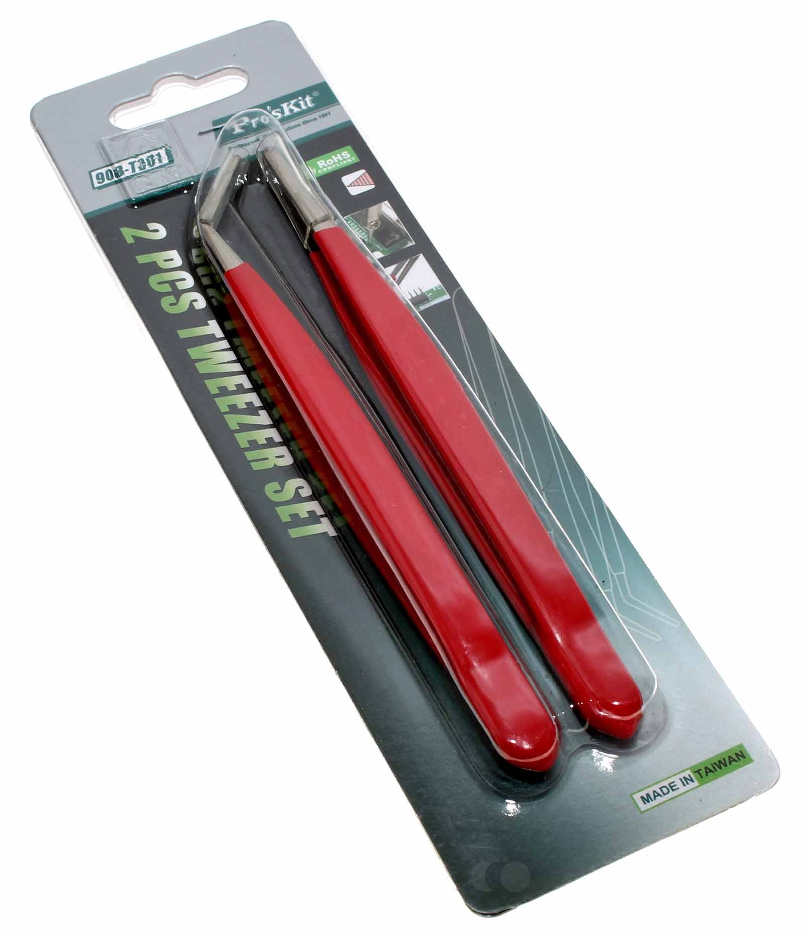 Pro'sKit 908-T301 Set mit 2 Pinzetten aus Edelstahl (AISI304), mit isoliertem, beschichtetem Griff