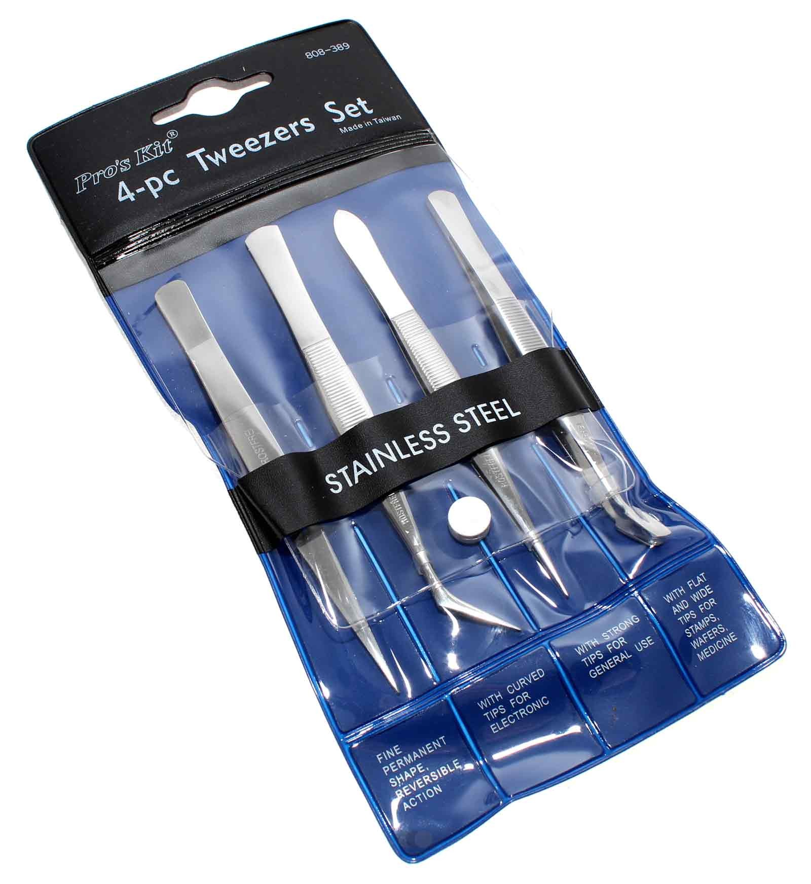 Pro'sKit 808-389 Set mit 4 Pinzetten aus Edelstahl (AISI304), nicht magnetisch