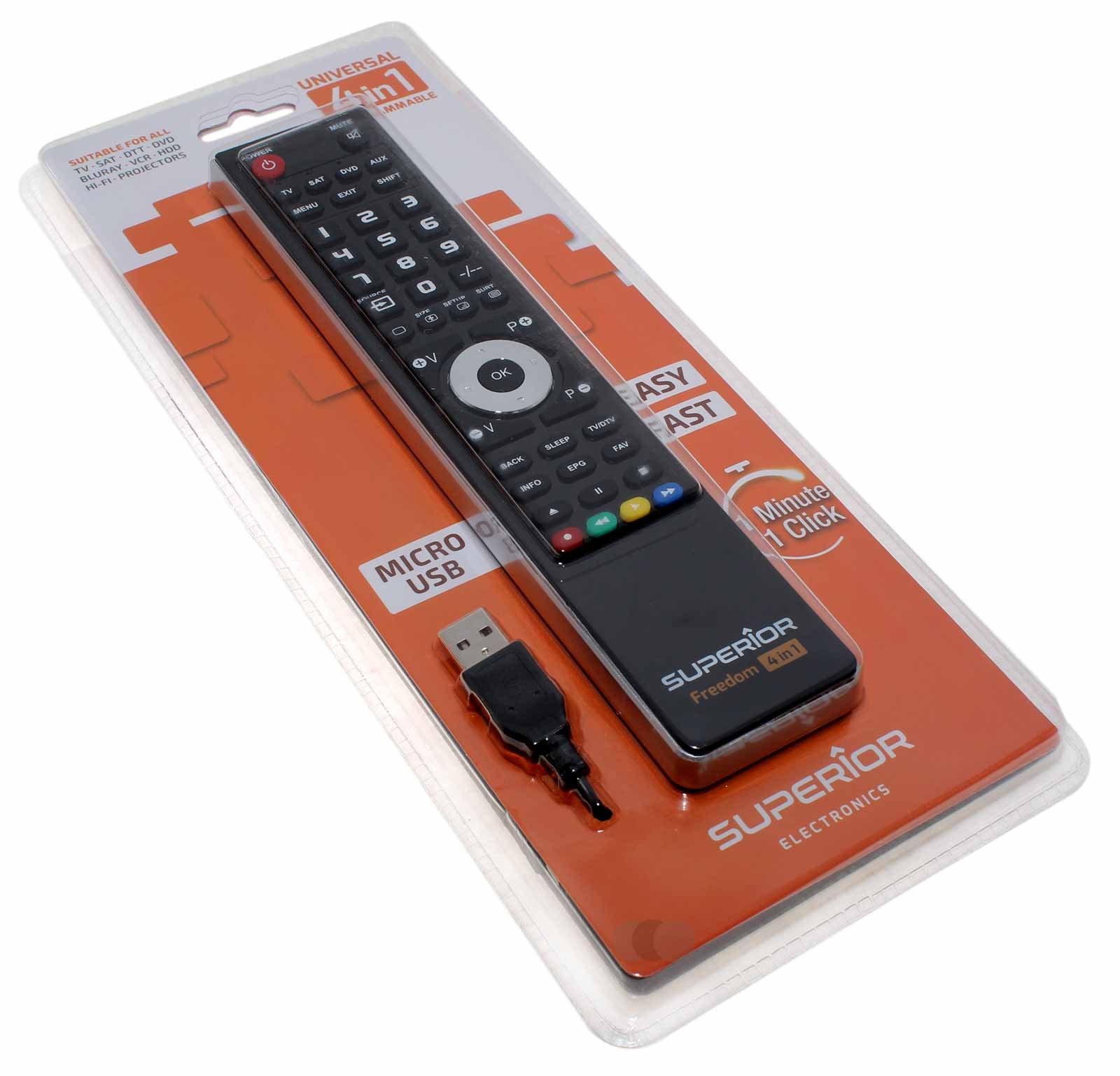 Superior Freedom 4 in 1 Micro-USB Universal Fernbedienung für TV, SAT, DTT, DVD, Bluray, VCR, HDD, Hi-Fi und Projektoren (Beamer) in Farbe schwarz
