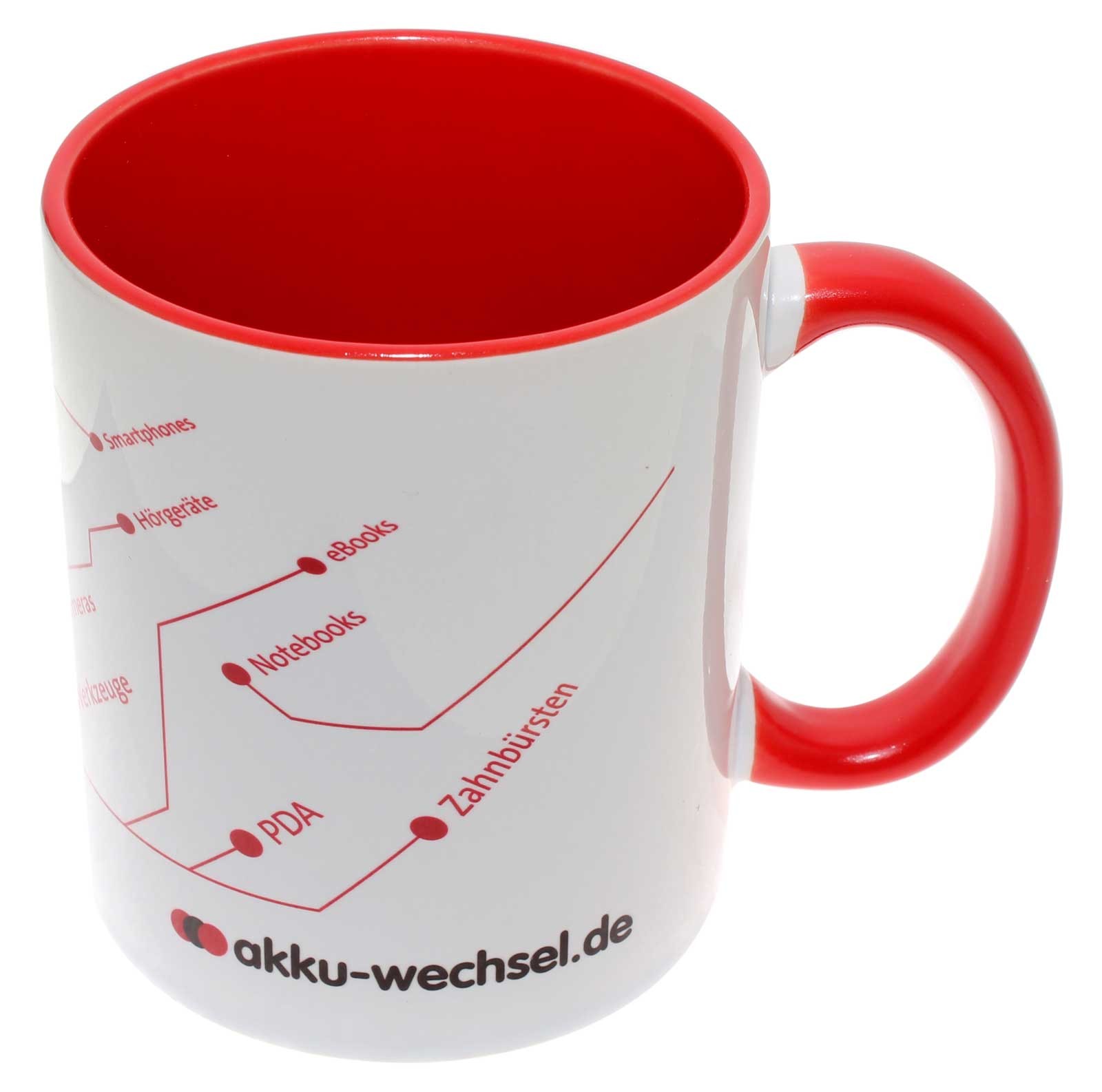 Tasse, Becher, Pott für Kaffee, Tee oder andere Heißgetränke von akku-wechsel.de mit rot, weiß, schwarzem Druck
